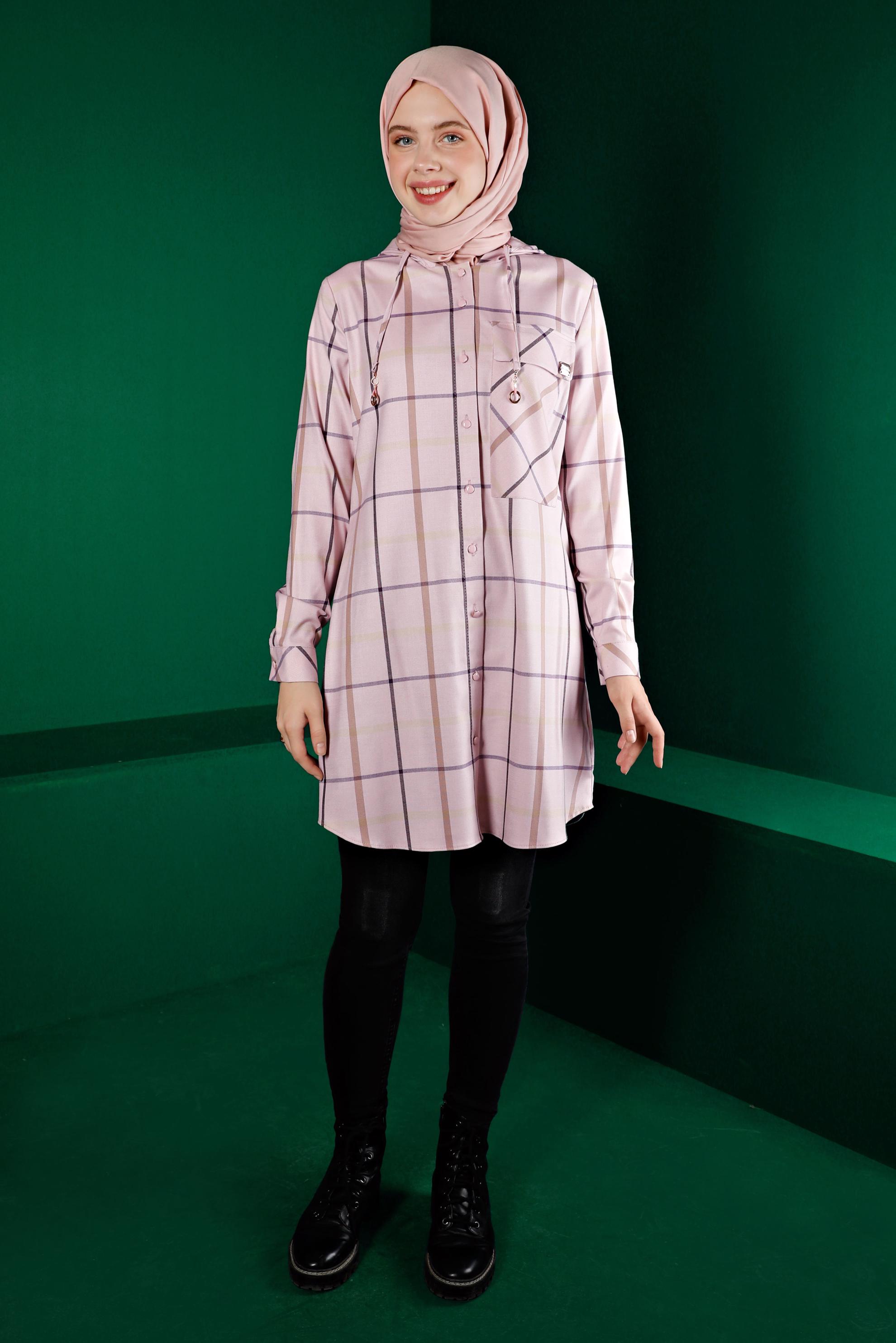 Tesettür giyim PUDRA EKOSE KAPÜŞONLU TUNİK 43257 