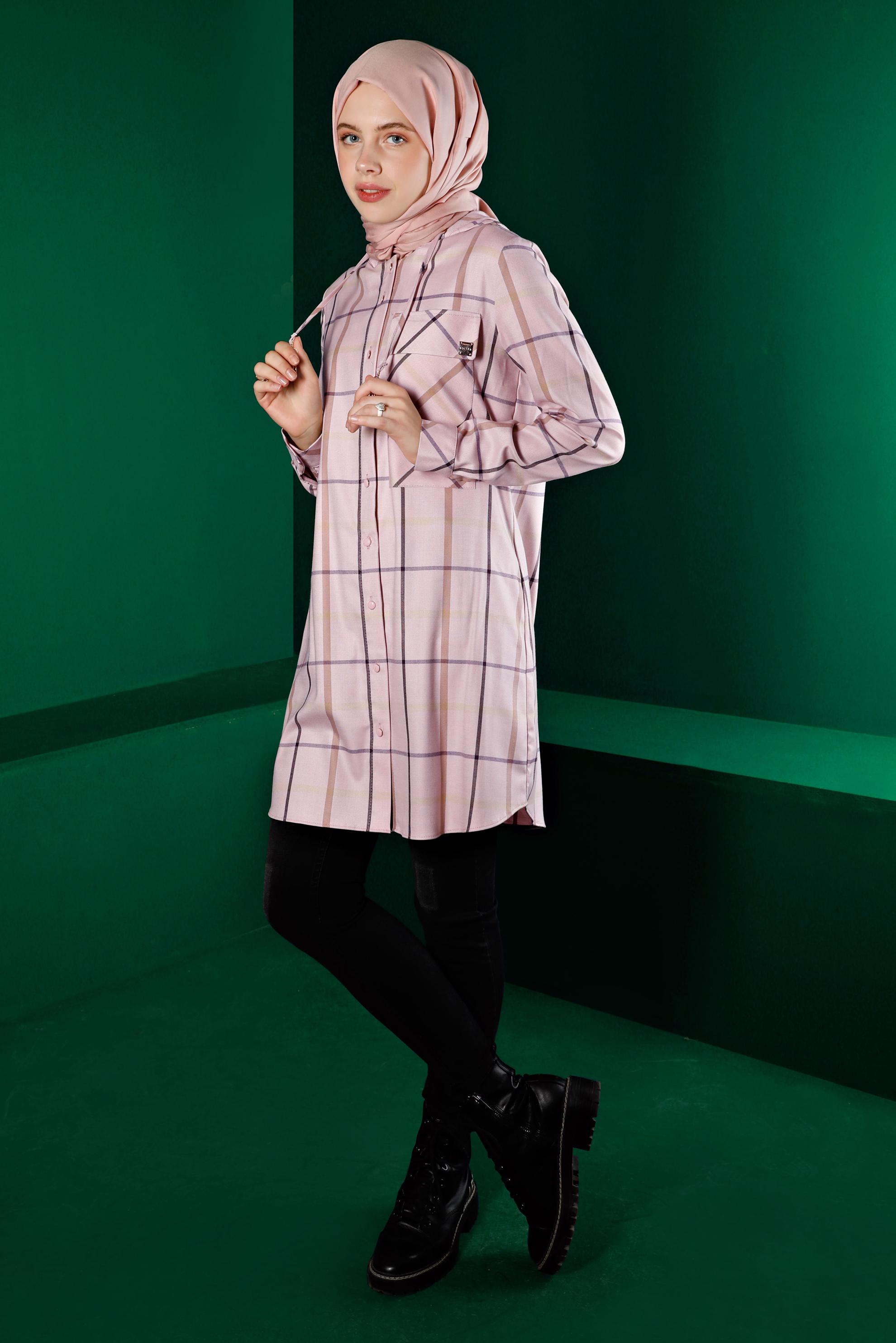 Tesettür giyim PUDRA EKOSE KAPÜŞONLU TUNİK 43257 