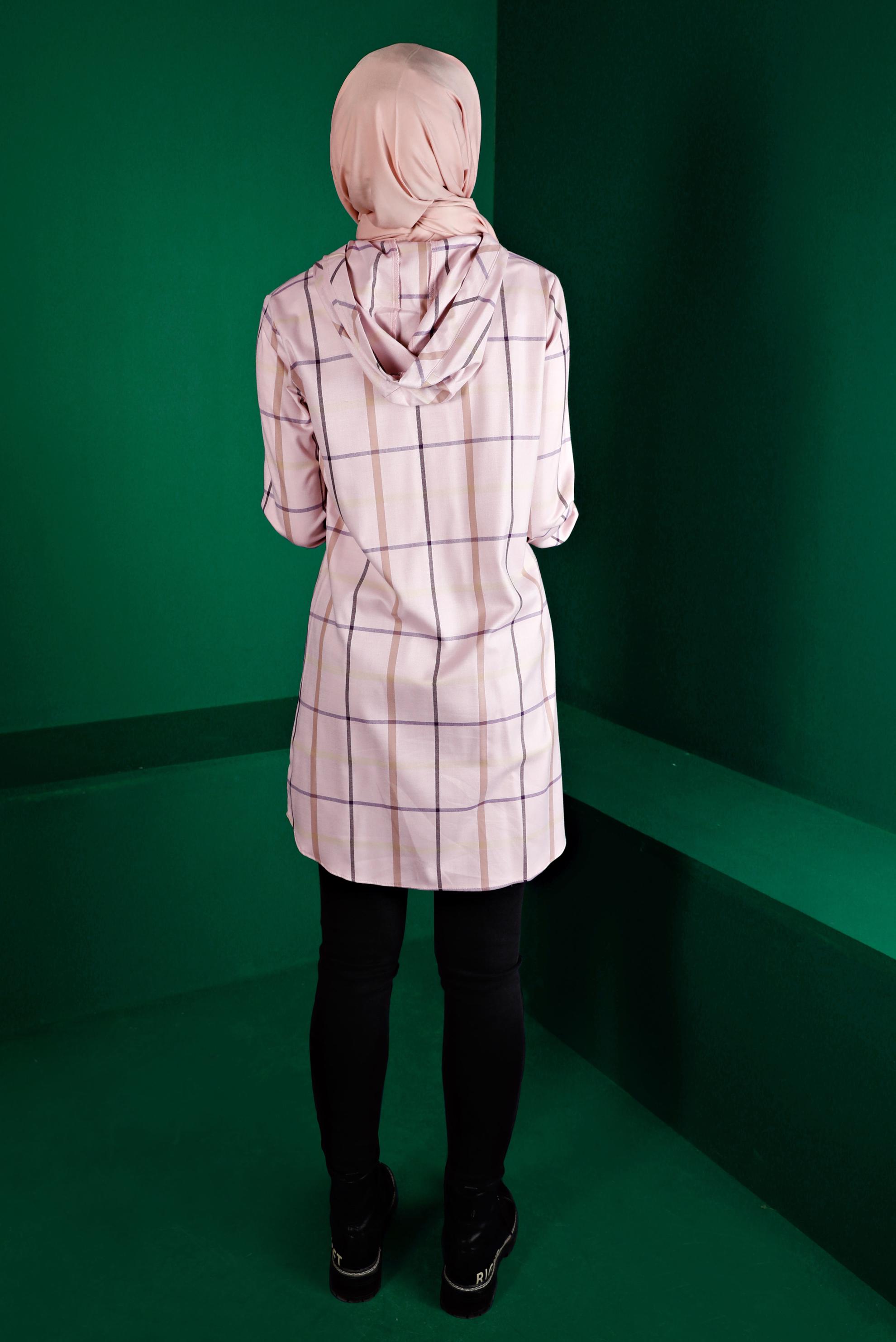 Tesettür giyim PUDRA EKOSE KAPÜŞONLU TUNİK 43257 