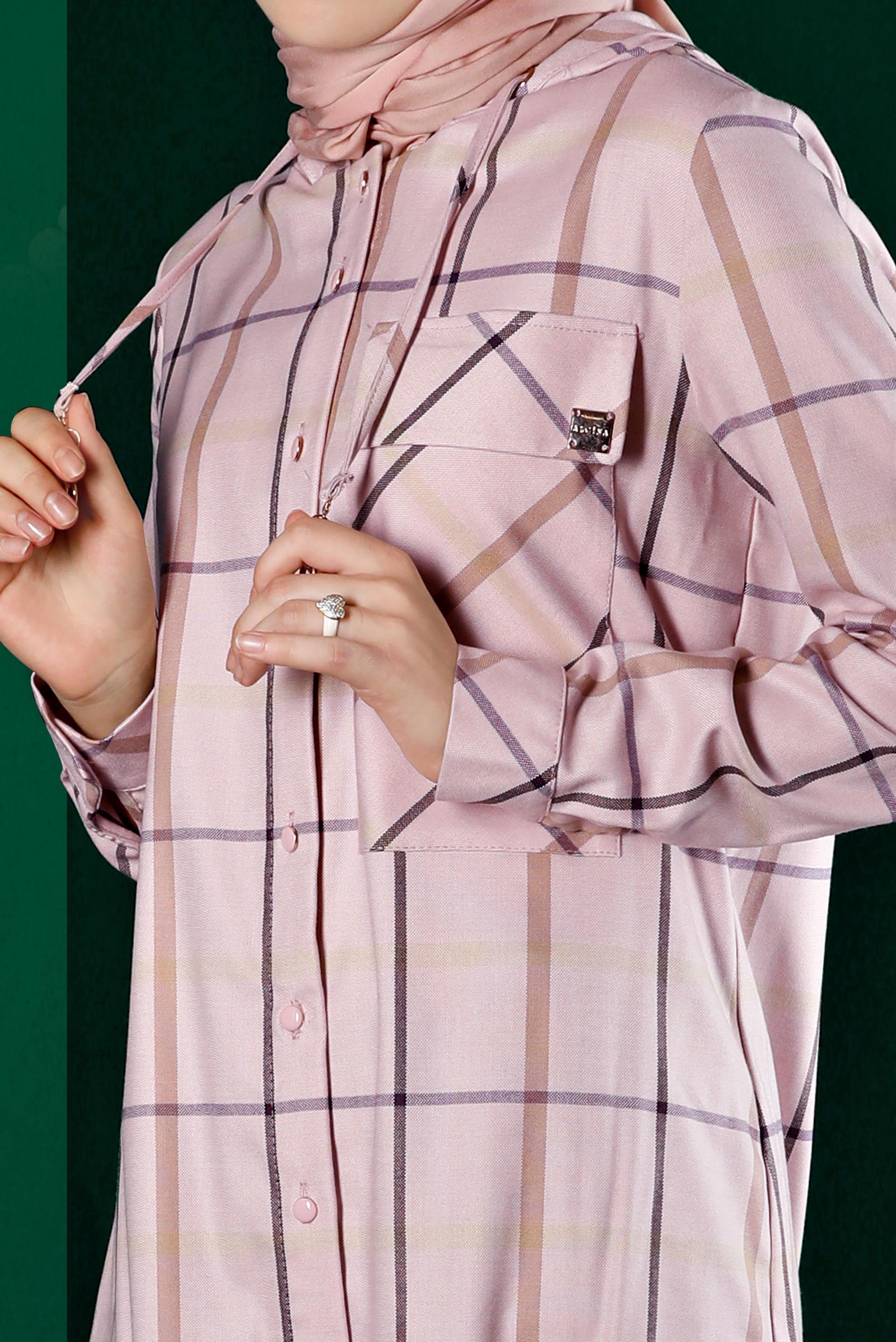 Tesettür giyim PUDRA EKOSE KAPÜŞONLU TUNİK 43257 