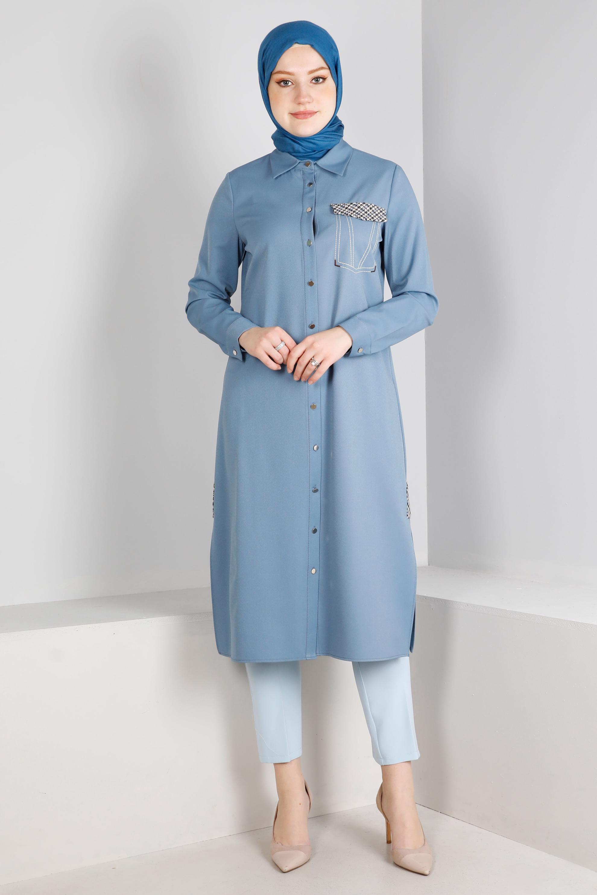 Tesettür giyim MAVİ DÜĞMELİ KAZAYAĞI DETAYLI TUNİK 43258