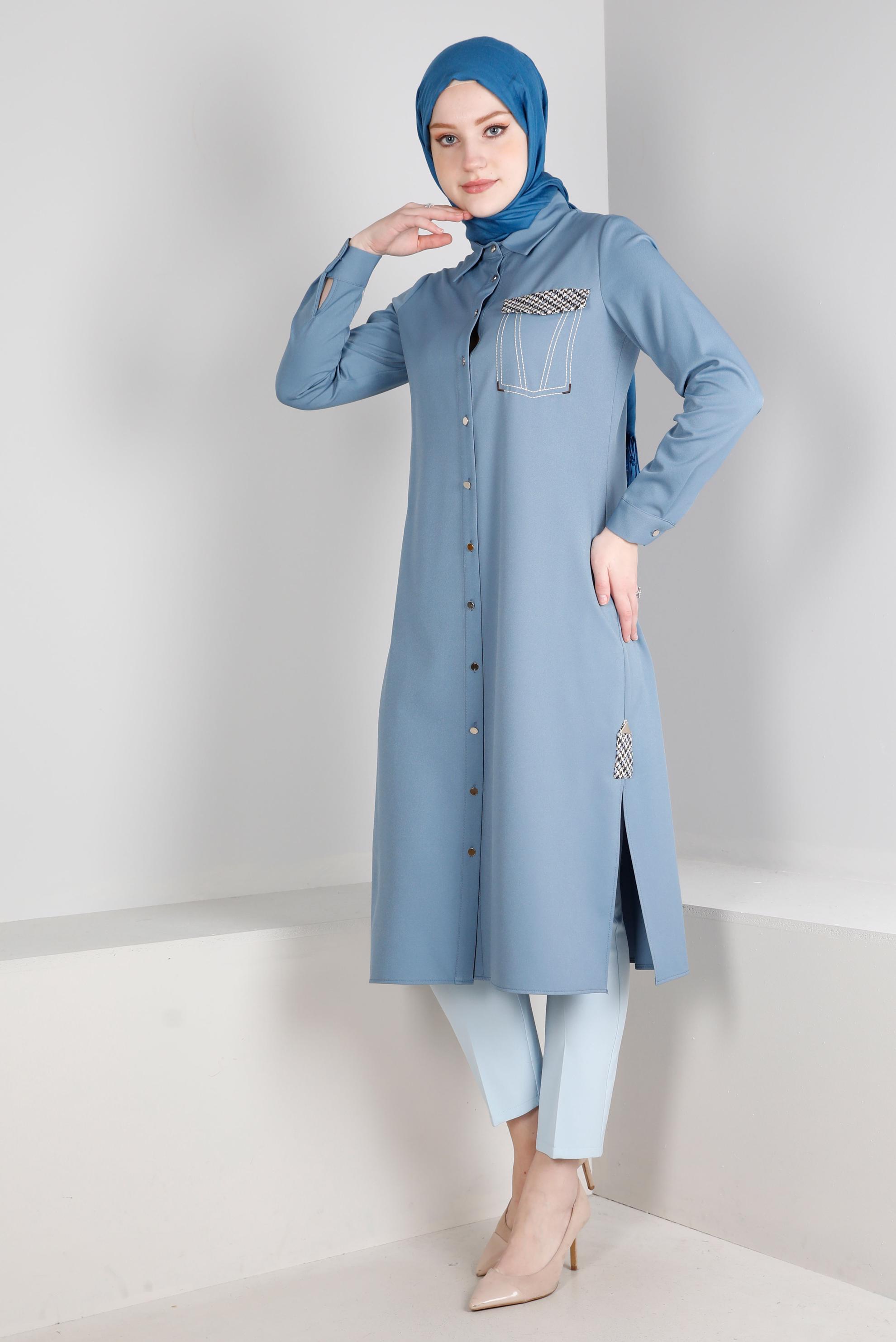 Tesettür giyim MAVİ DÜĞMELİ KAZAYAĞI DETAYLI TUNİK 43258