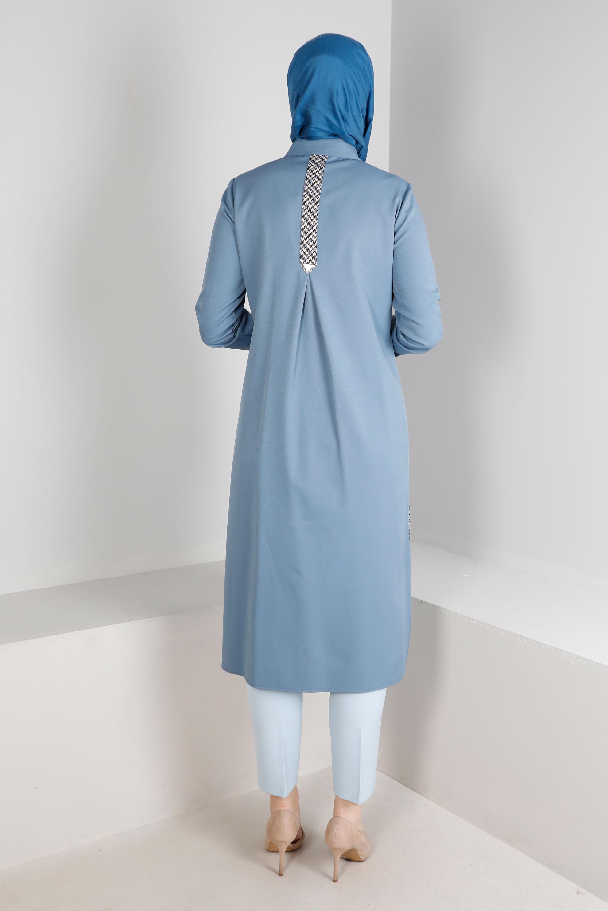 Tesettür giyim MAVİ DÜĞMELİ KAZAYAĞI DETAYLI TUNİK 43258