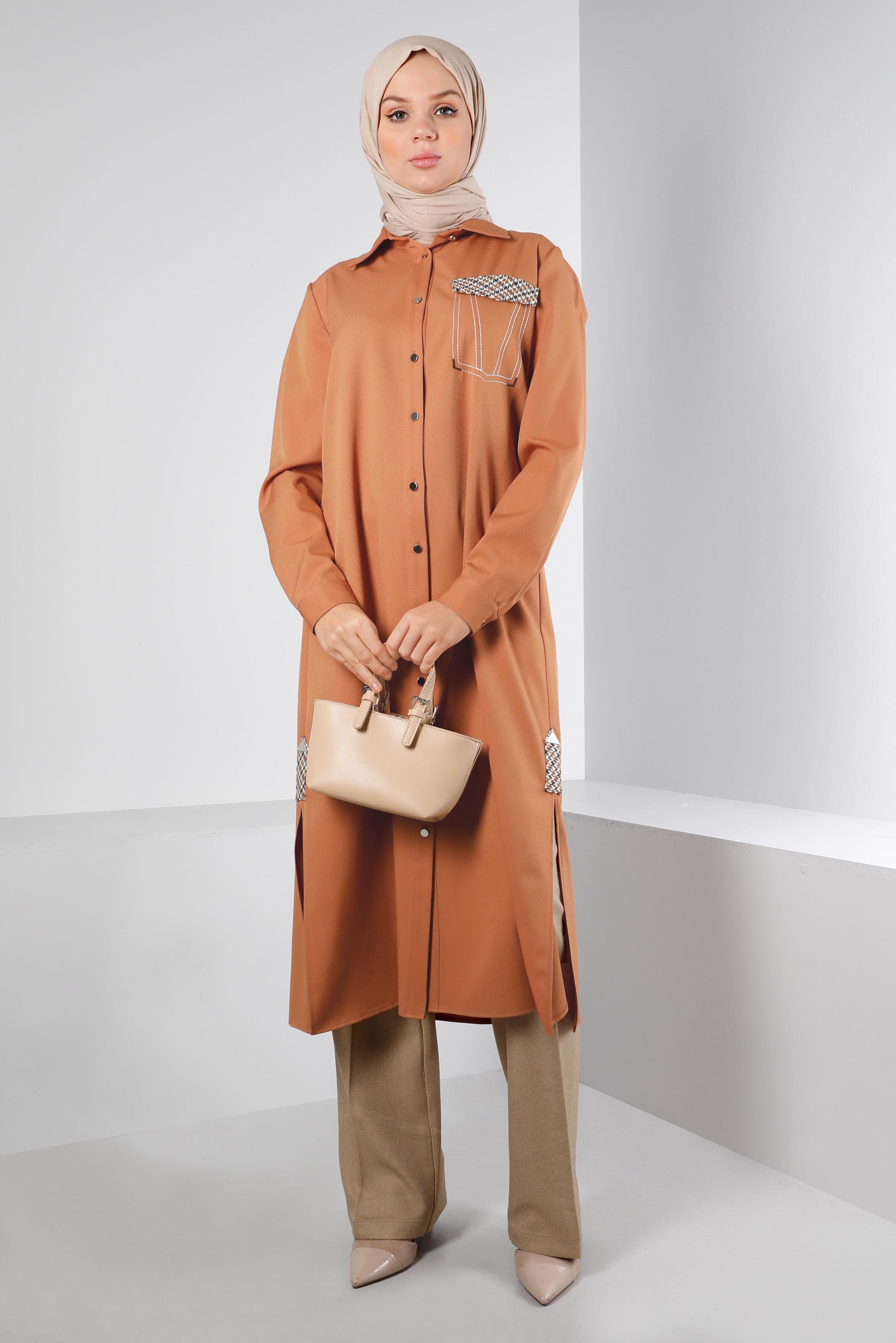 Tesettür giyim SARI DÜĞMELİ KAZAYAĞI DETAYLI TUNİK 43258