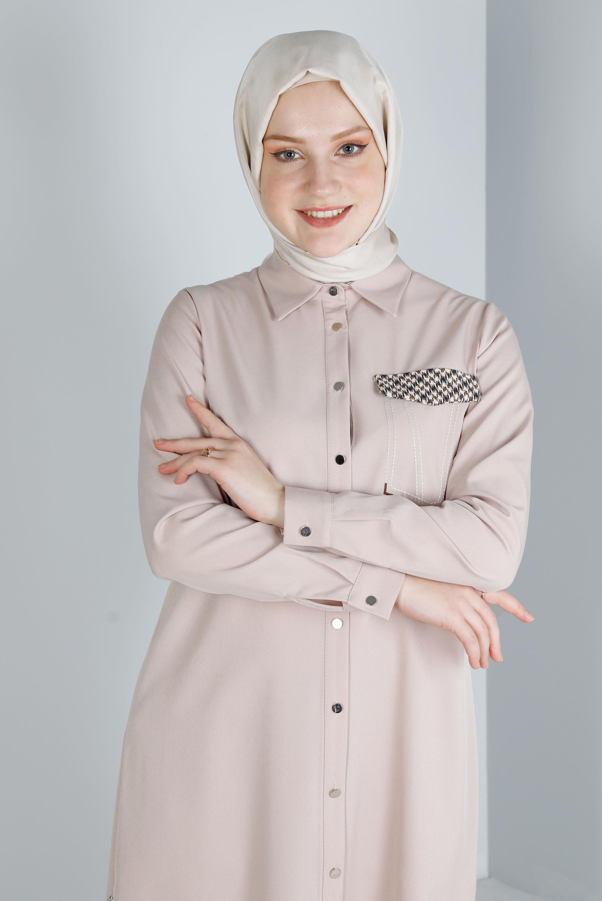 Vêtements hijab BEIGE TUNIQUE DÉTAILS PIED-DE-POULE À BOUTONS 43258