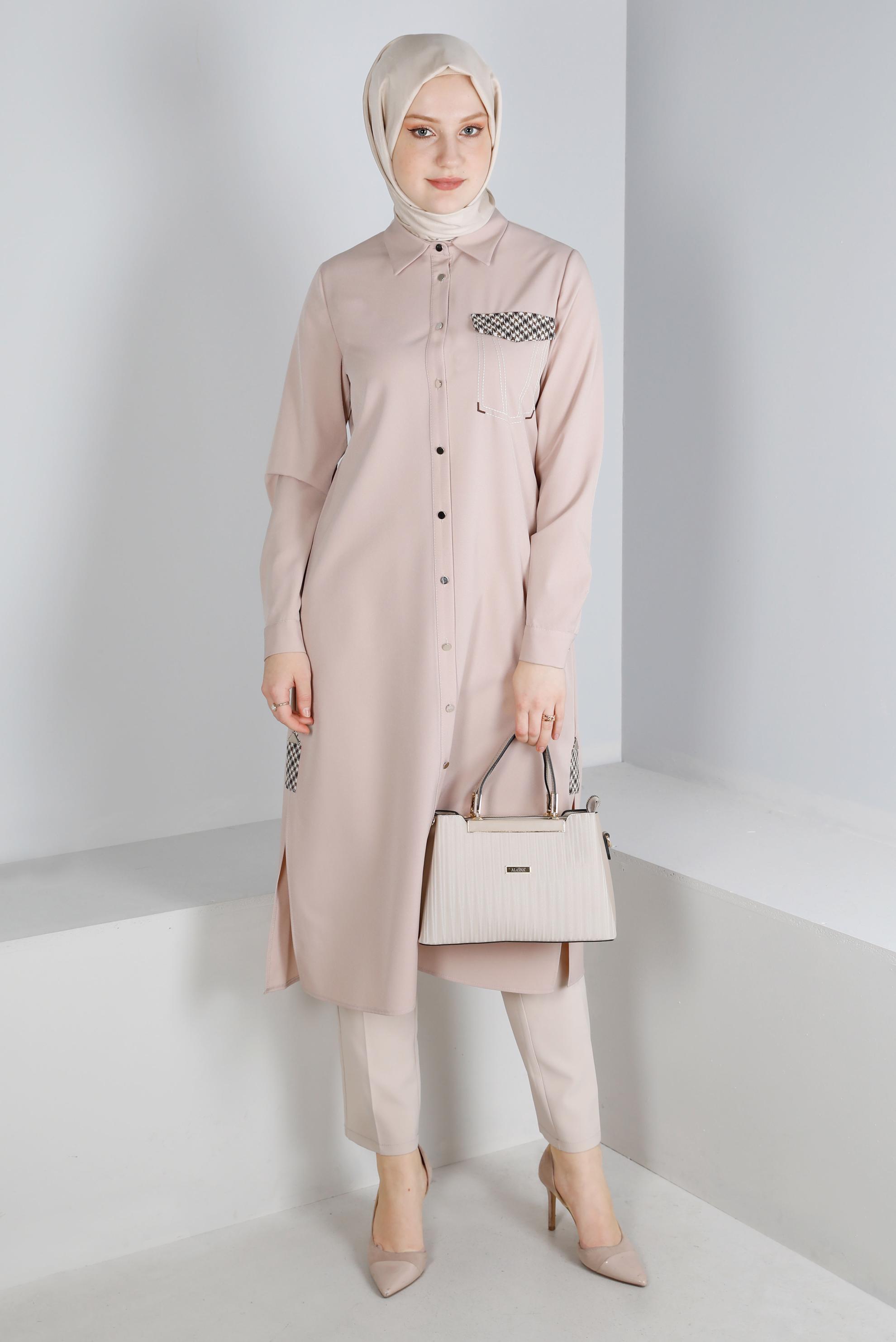 Vêtements hijab BEIGE TUNIQUE DÉTAILS PIED-DE-POULE À BOUTONS 43258