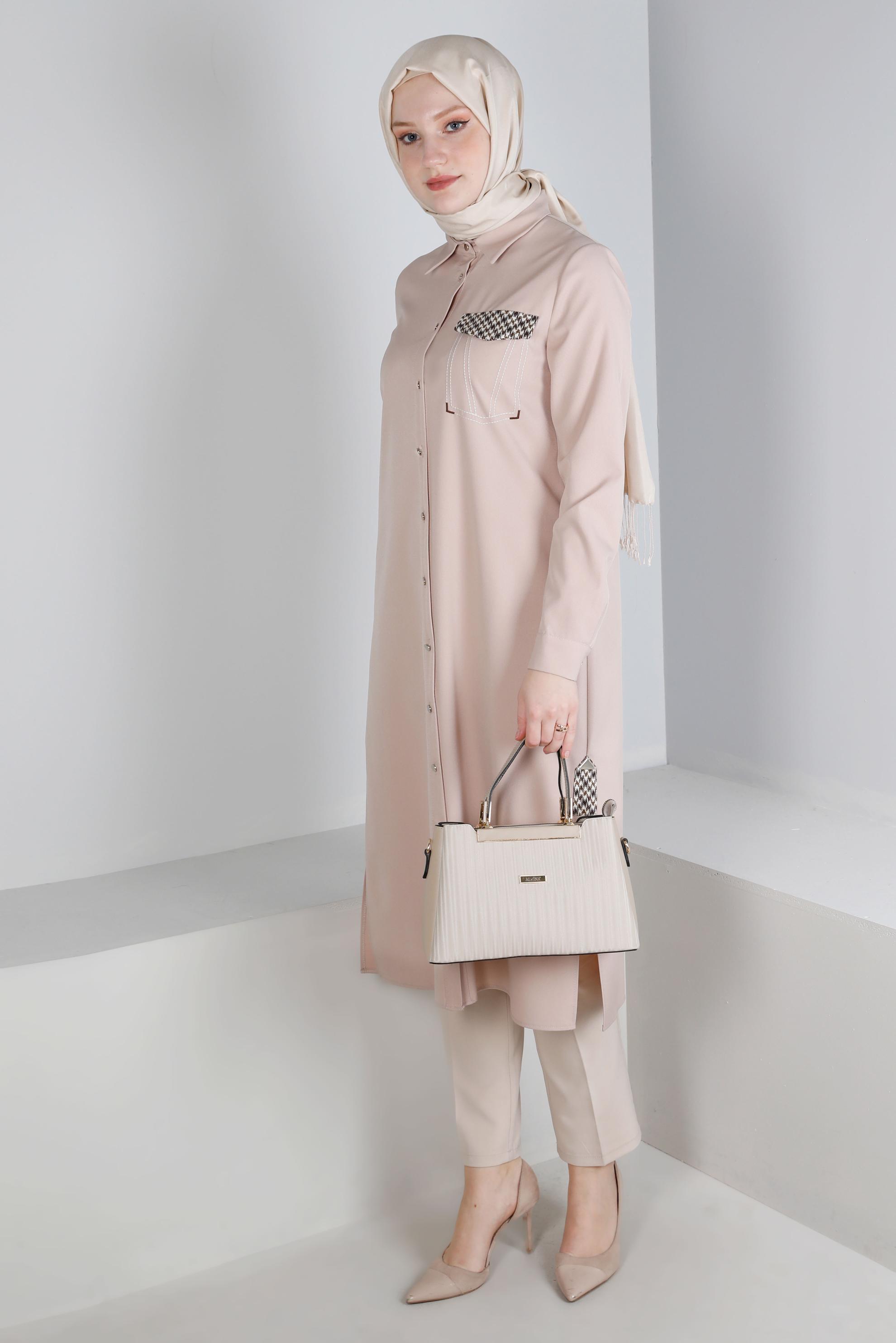 Vêtements hijab BEIGE TUNIQUE DÉTAILS PIED-DE-POULE À BOUTONS 43258