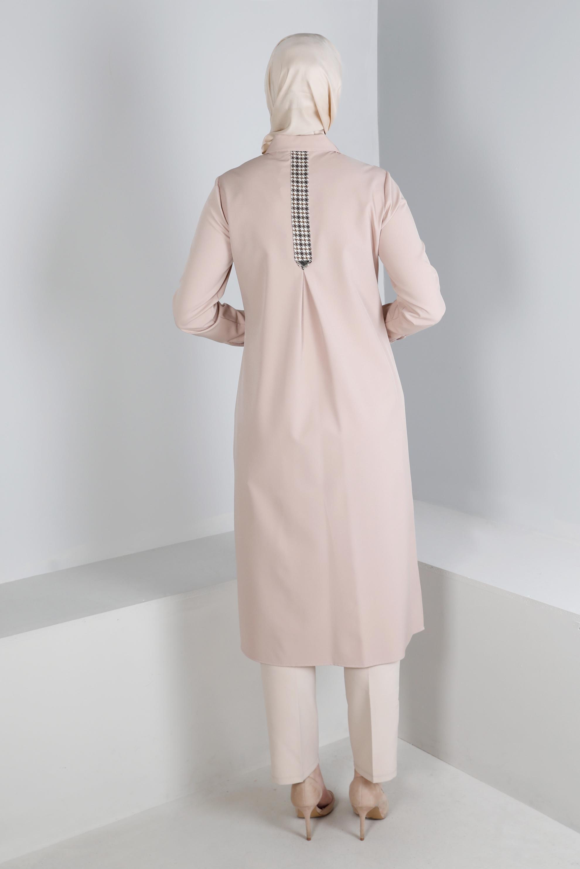 Vêtements hijab BEIGE TUNIQUE DÉTAILS PIED-DE-POULE À BOUTONS 43258