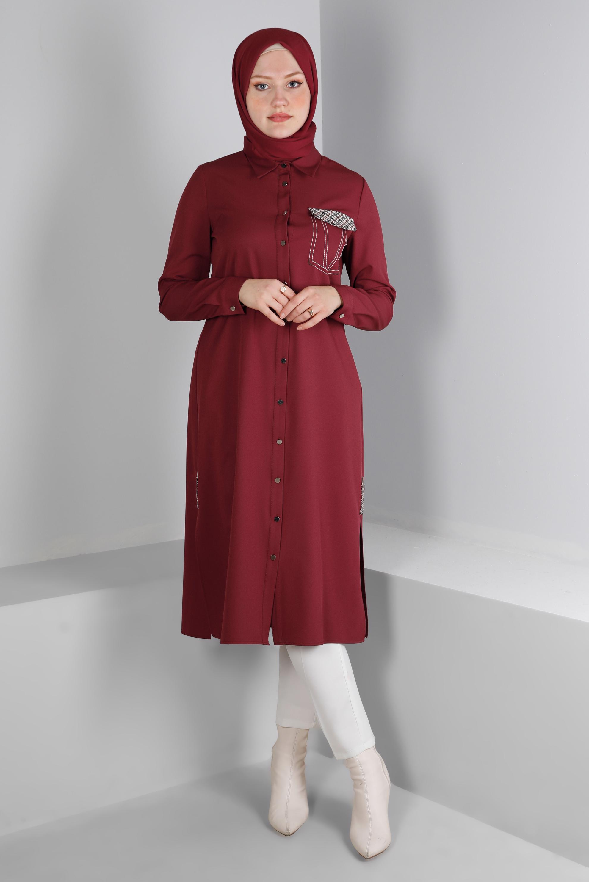 Tesettür giyim BORDO DÜĞMELİ KAZAYAĞI DETAYLI TUNİK 43258