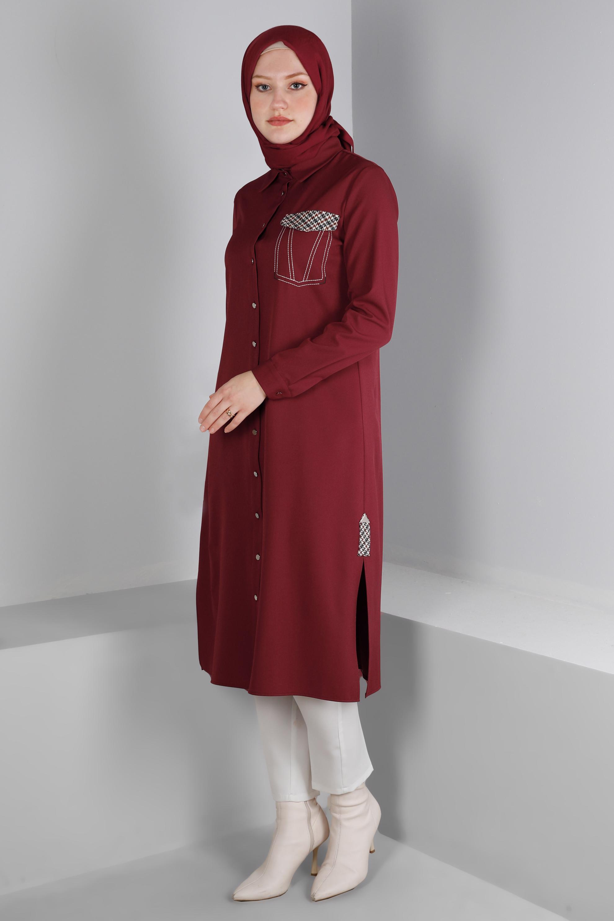 Tesettür giyim BORDO DÜĞMELİ KAZAYAĞI DETAYLI TUNİK 43258