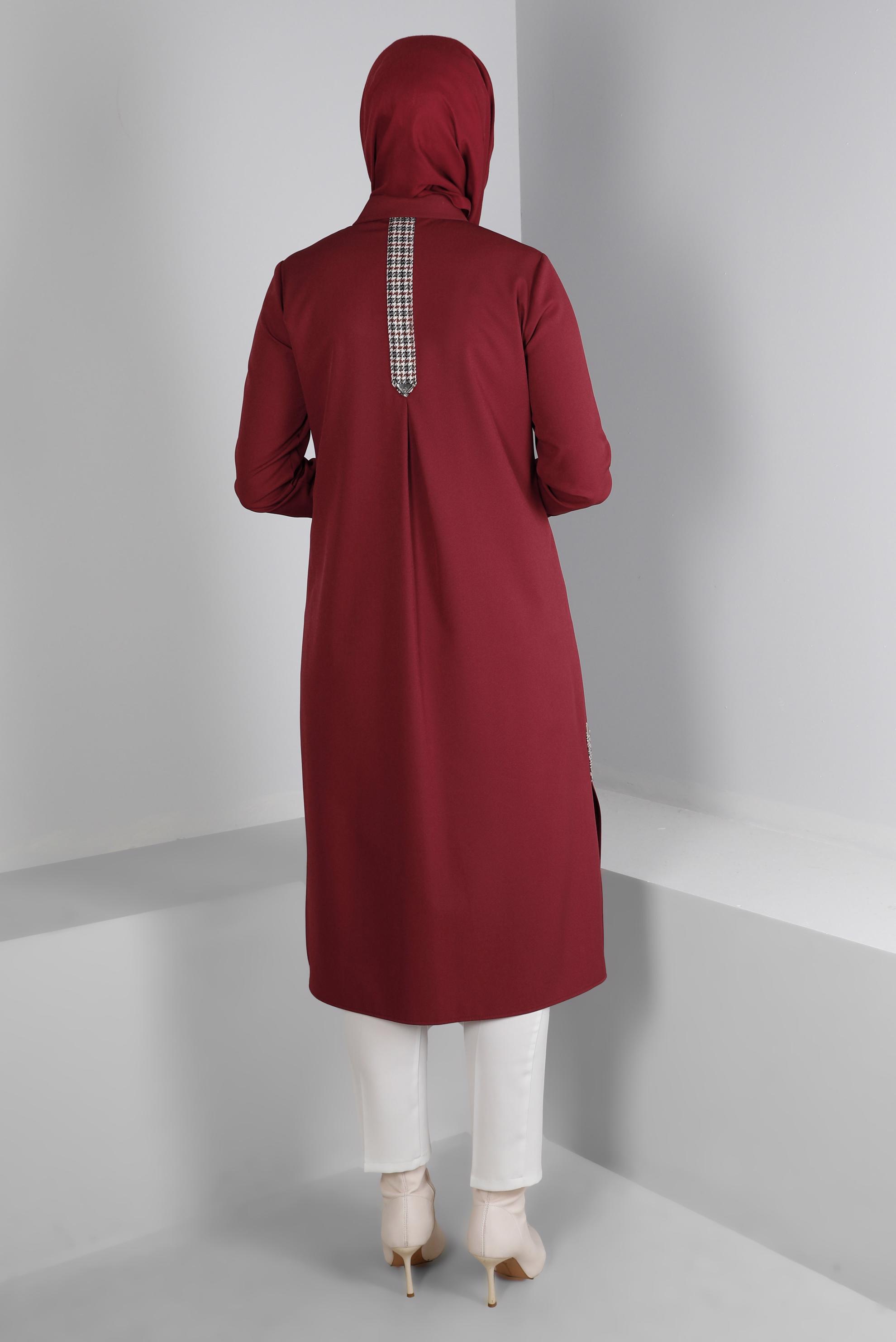 Tesettür giyim BORDO DÜĞMELİ KAZAYAĞI DETAYLI TUNİK 43258