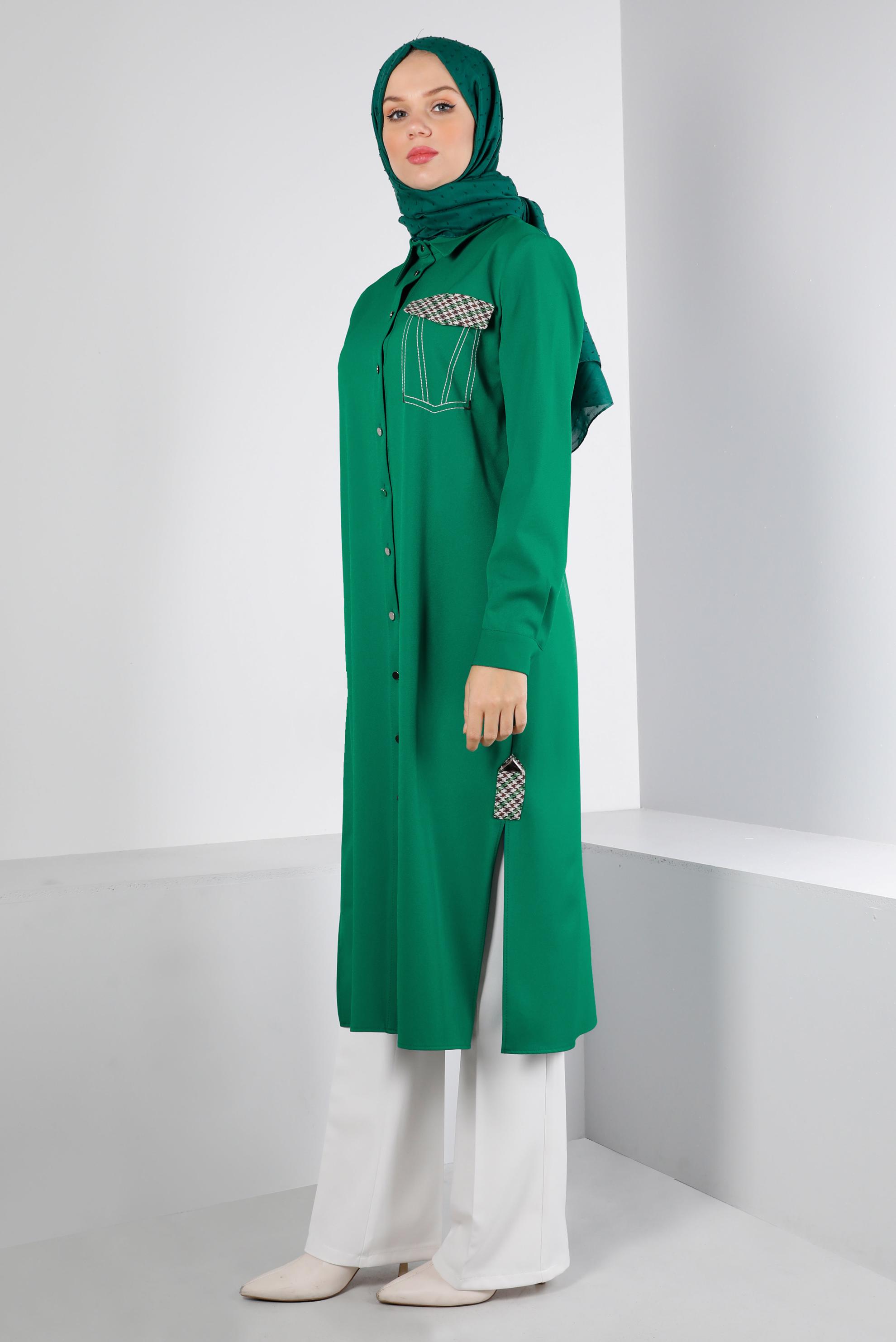 Tesettür giyim YEŞİL DÜĞMELİ KAZAYAĞI DETAYLI TUNİK 43258