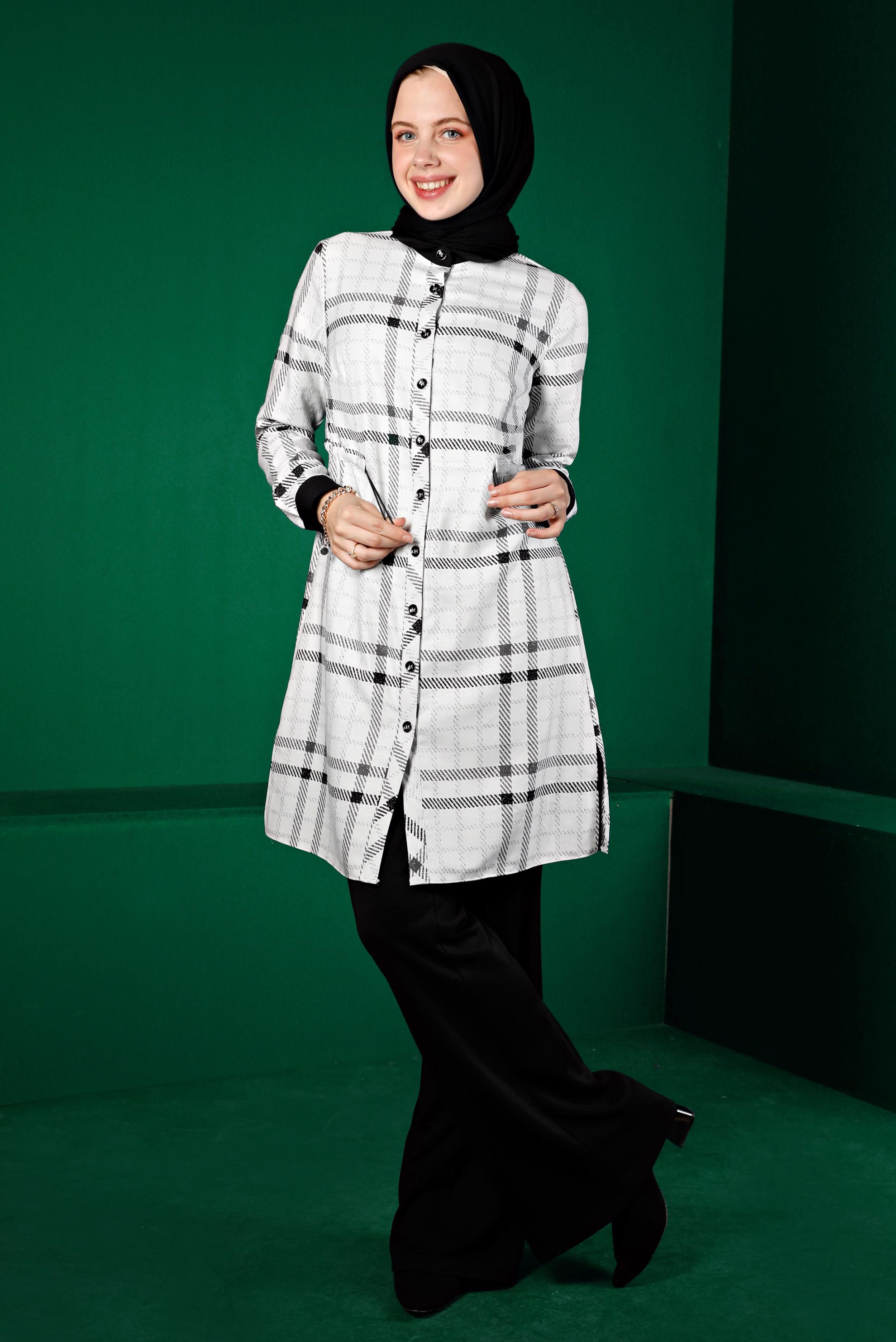 Tesettür giyim SİYAH BELİ BÜZGÜLÜ EKOSE TUNİK 43259 