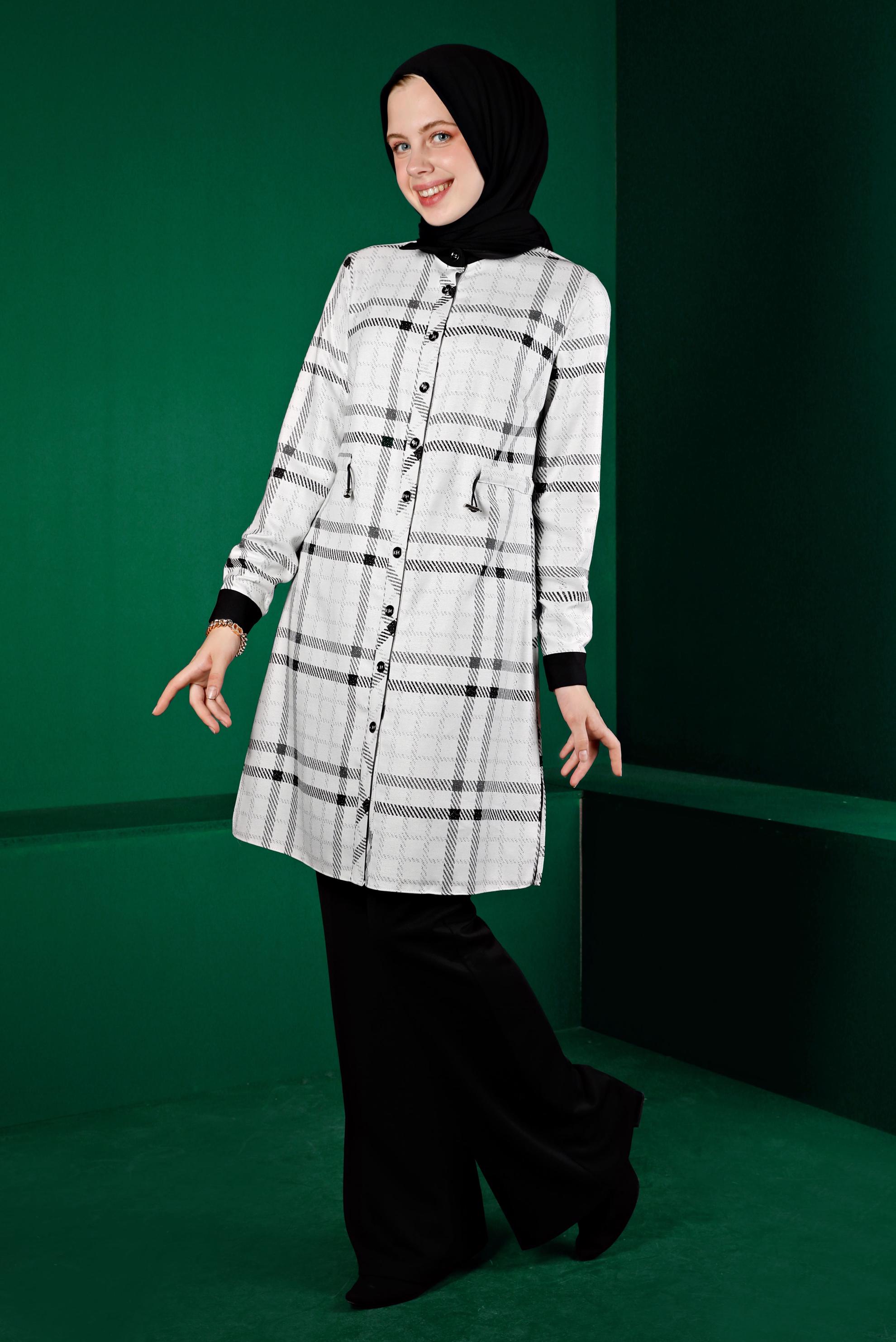 Tesettür giyim SİYAH BELİ BÜZGÜLÜ EKOSE TUNİK 43259 