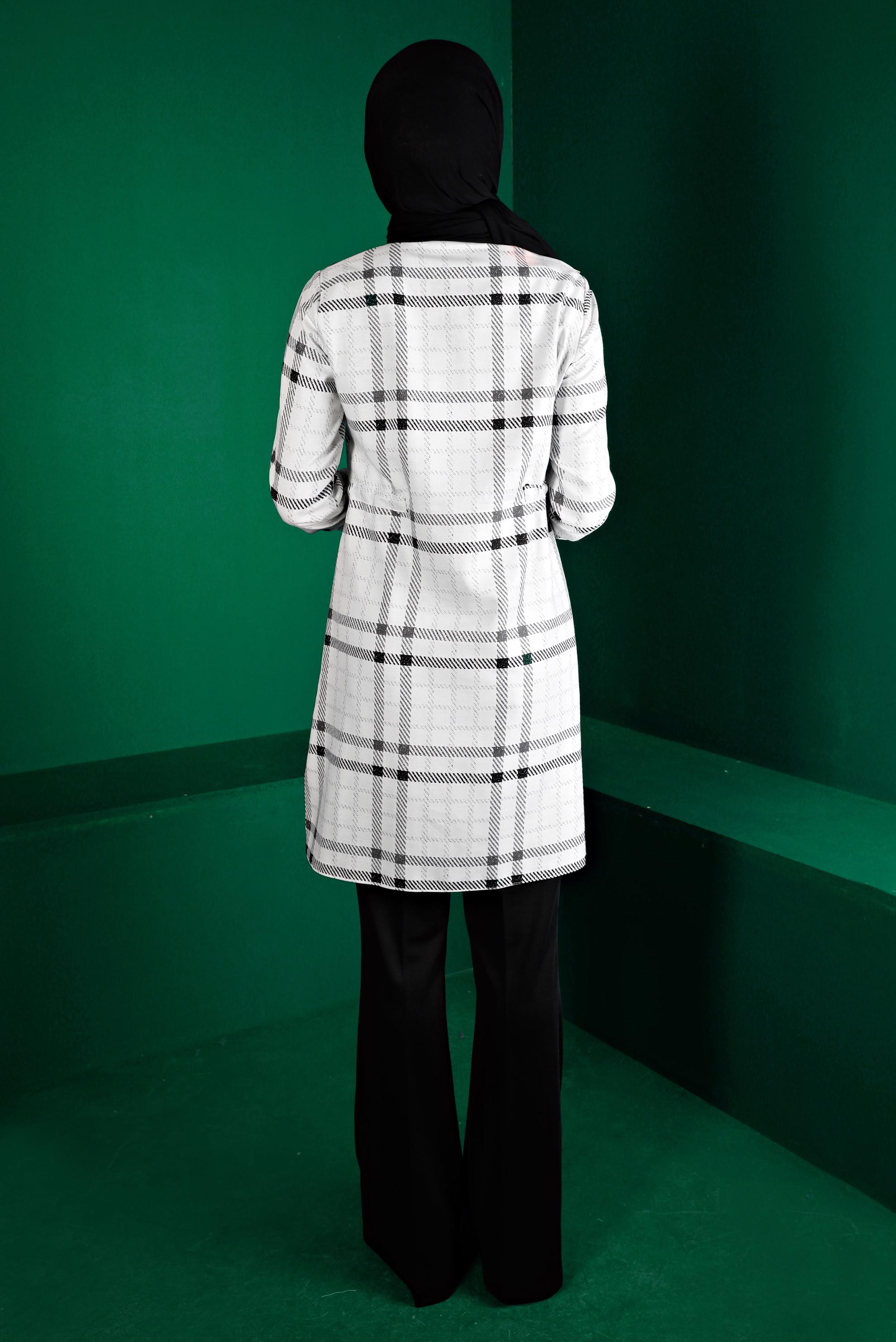 Tesettür giyim SİYAH BELİ BÜZGÜLÜ EKOSE TUNİK 43259 