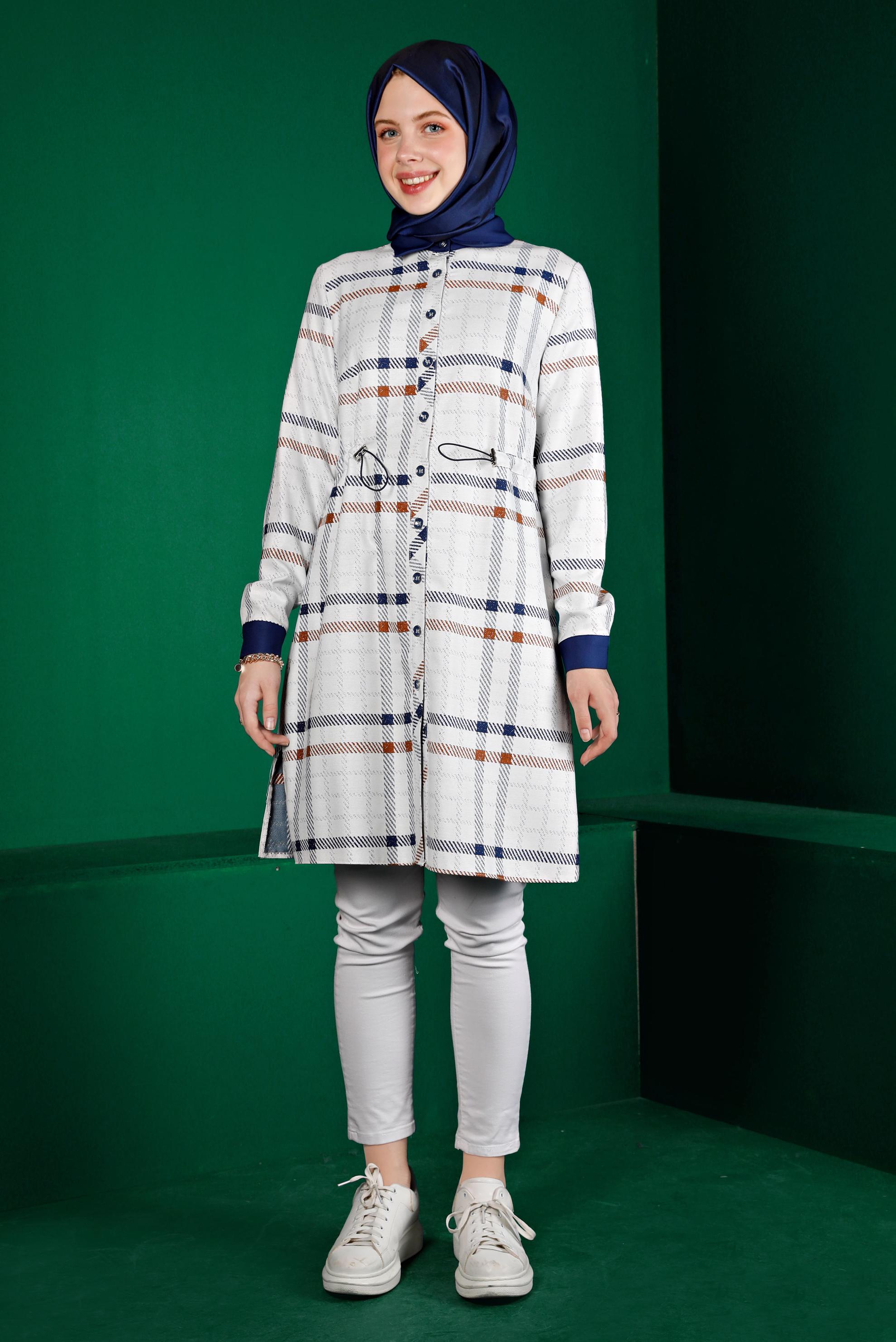 Tesettür giyim LACİVERT BELİ BÜZGÜLÜ EKOSE TUNİK 43259 