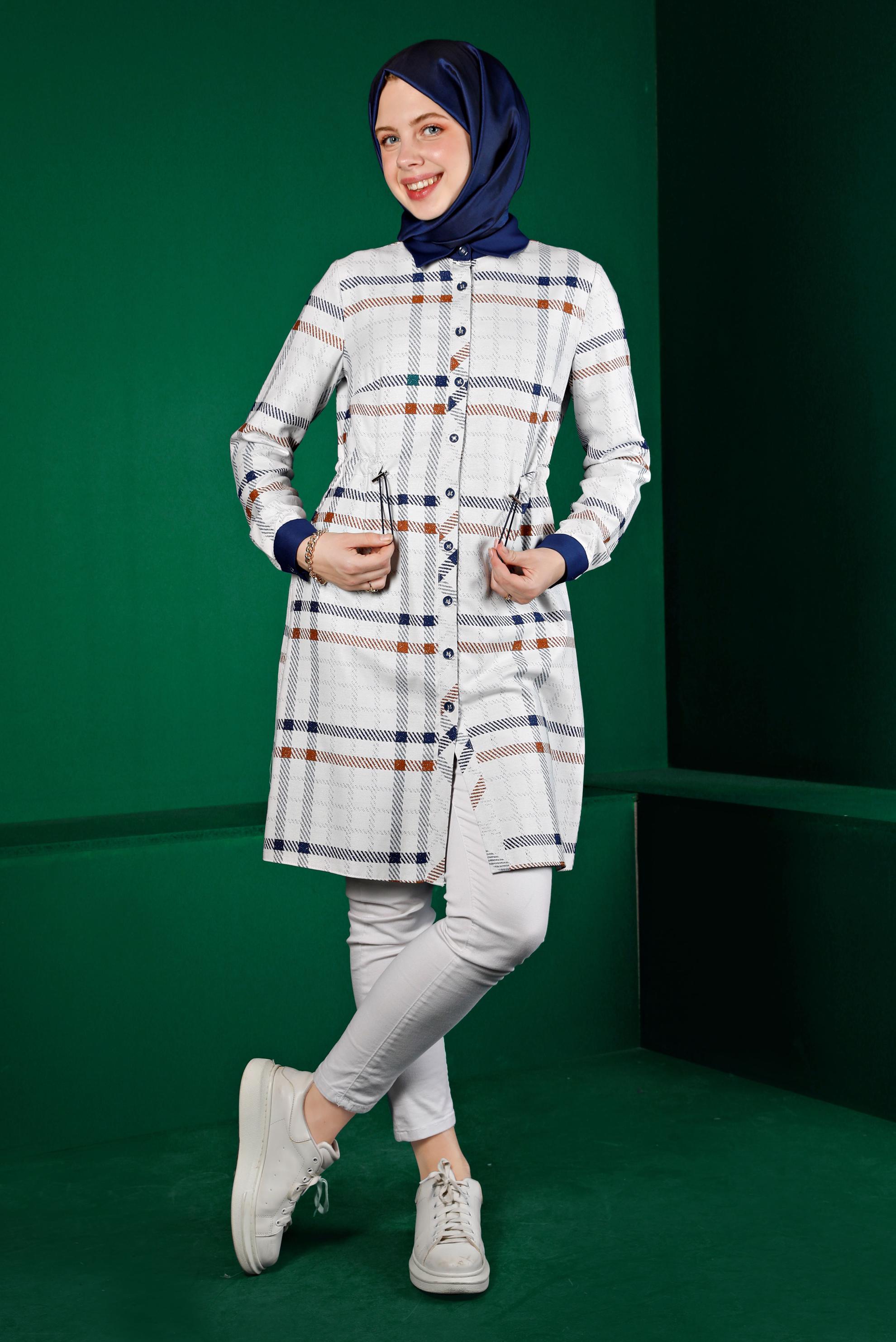 Tesettür giyim LACİVERT BELİ BÜZGÜLÜ EKOSE TUNİK 43259 