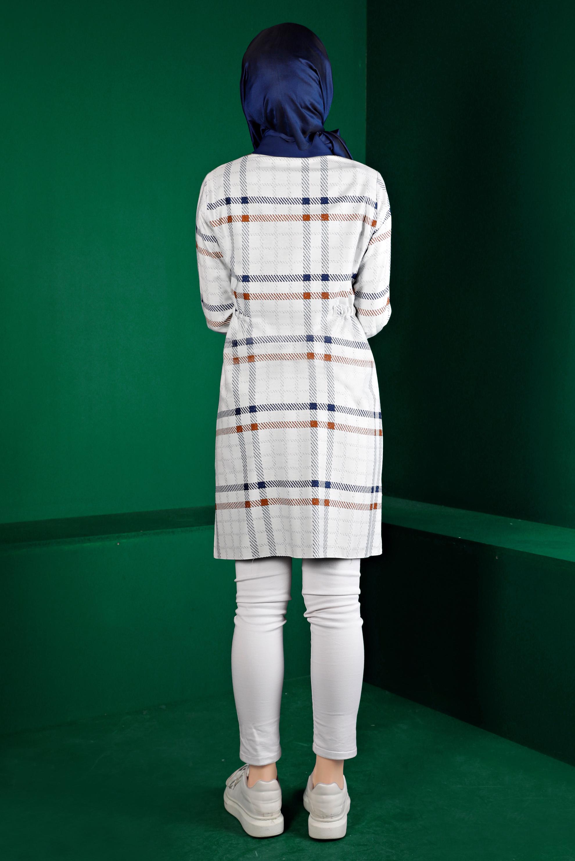 Tesettür giyim LACİVERT BELİ BÜZGÜLÜ EKOSE TUNİK 43259 