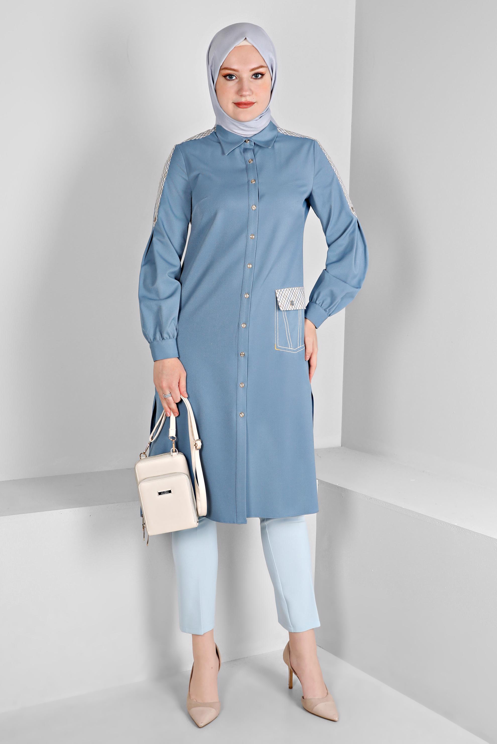 Vêtements hijab BLEU TUNIQUE BOUTONNÉE À CARREAUX 43261