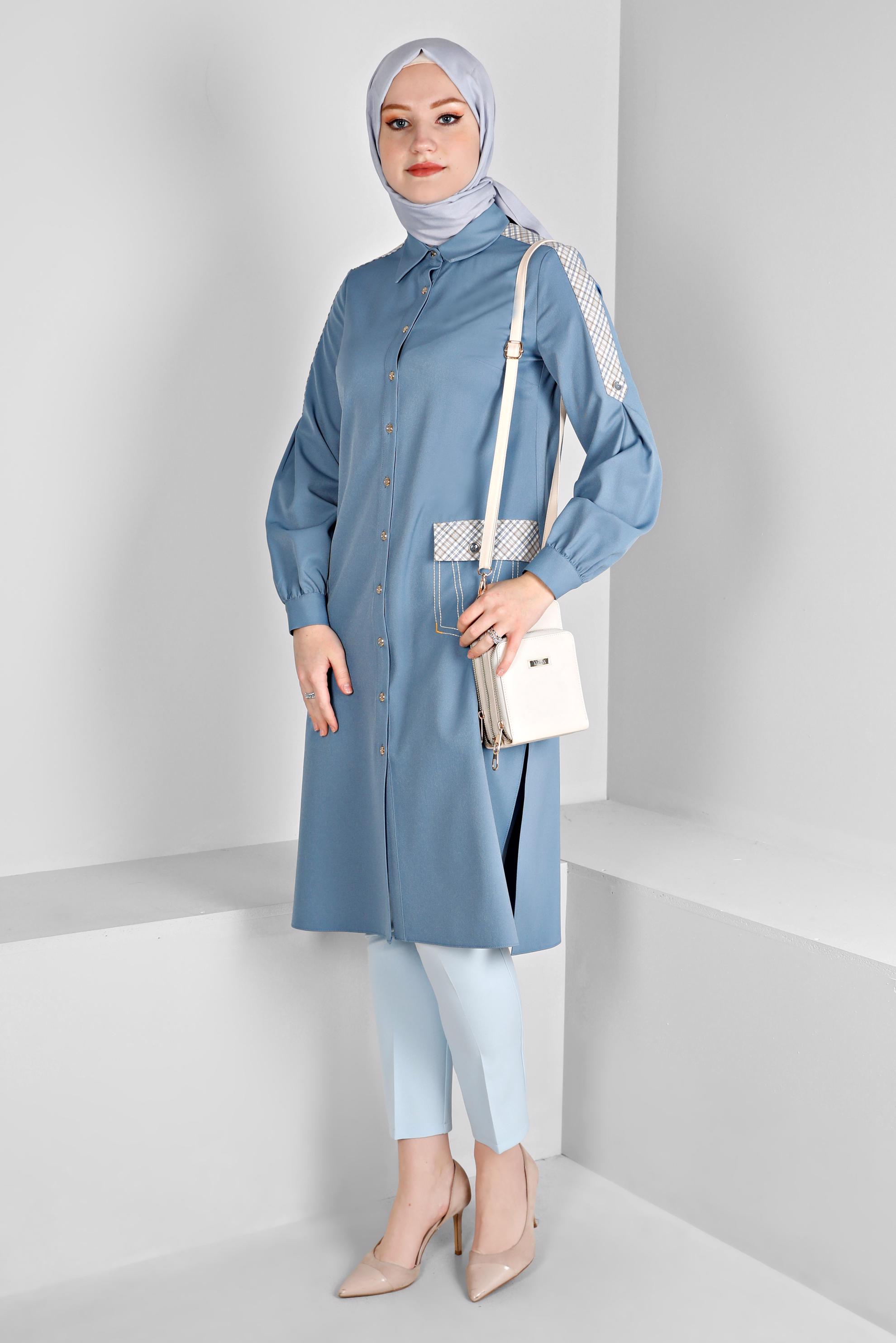 Vêtements hijab BLEU TUNIQUE BOUTONNÉE À CARREAUX 43261