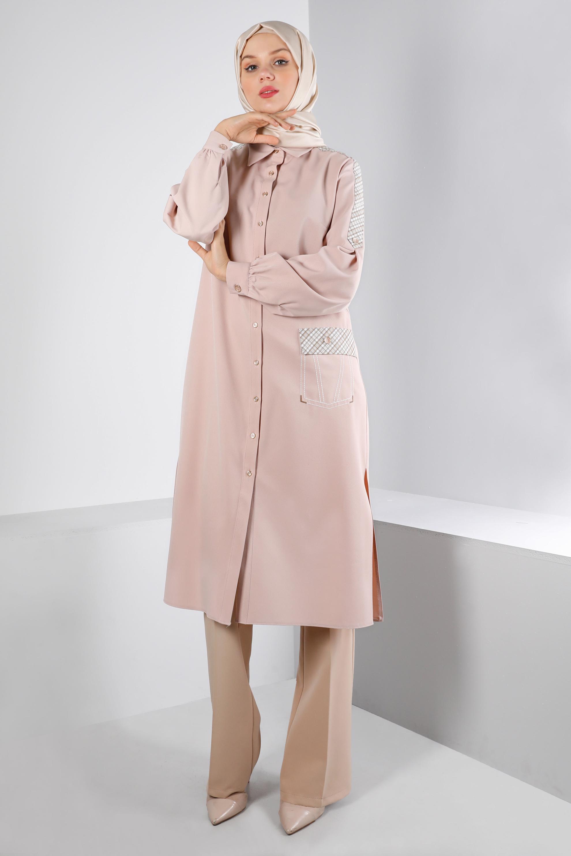 Tesettür giyim BEJ EKOSE DETAYLI DÜĞMELİ TUNİK 43261