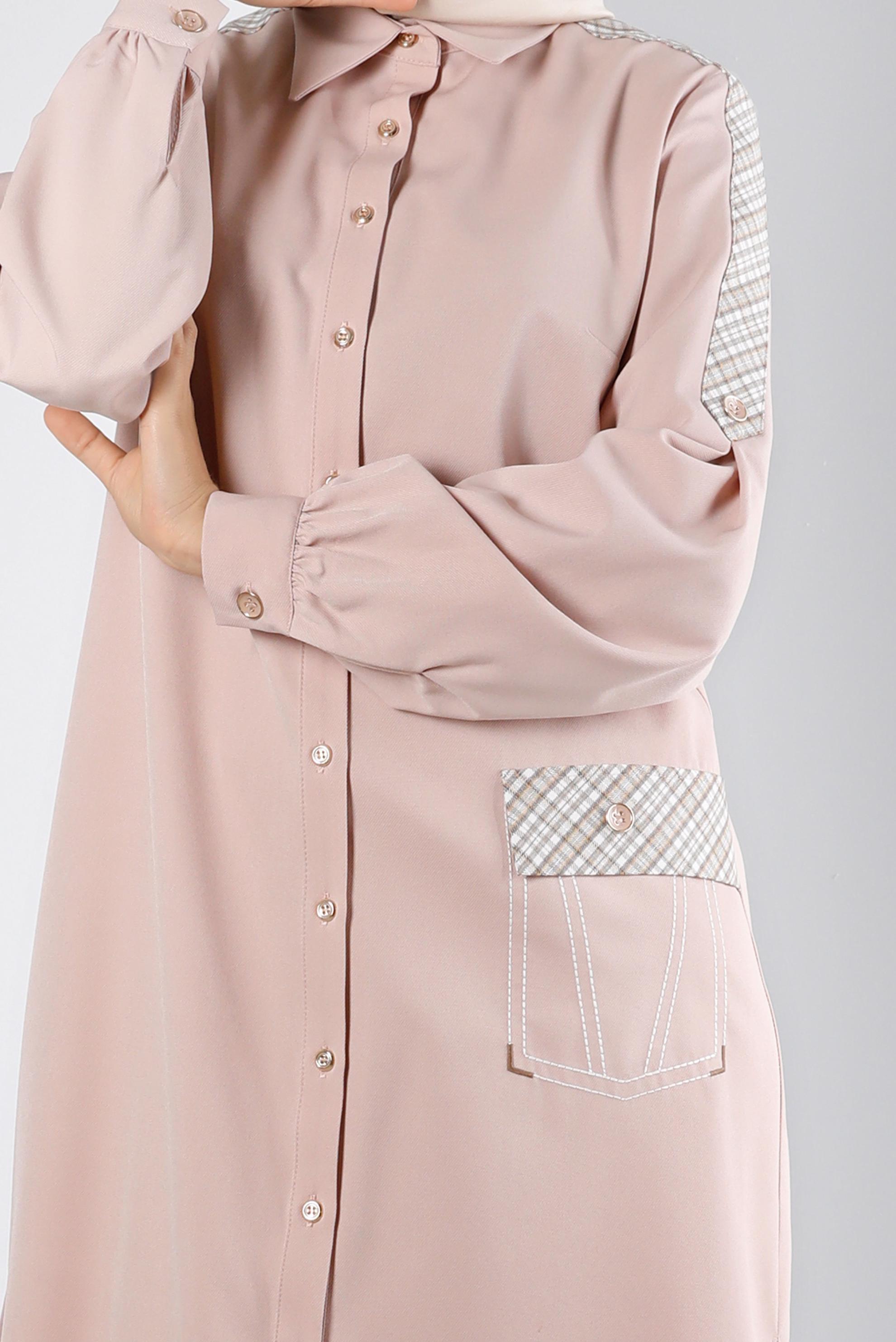 Tesettür giyim BEJ EKOSE DETAYLI DÜĞMELİ TUNİK 43261