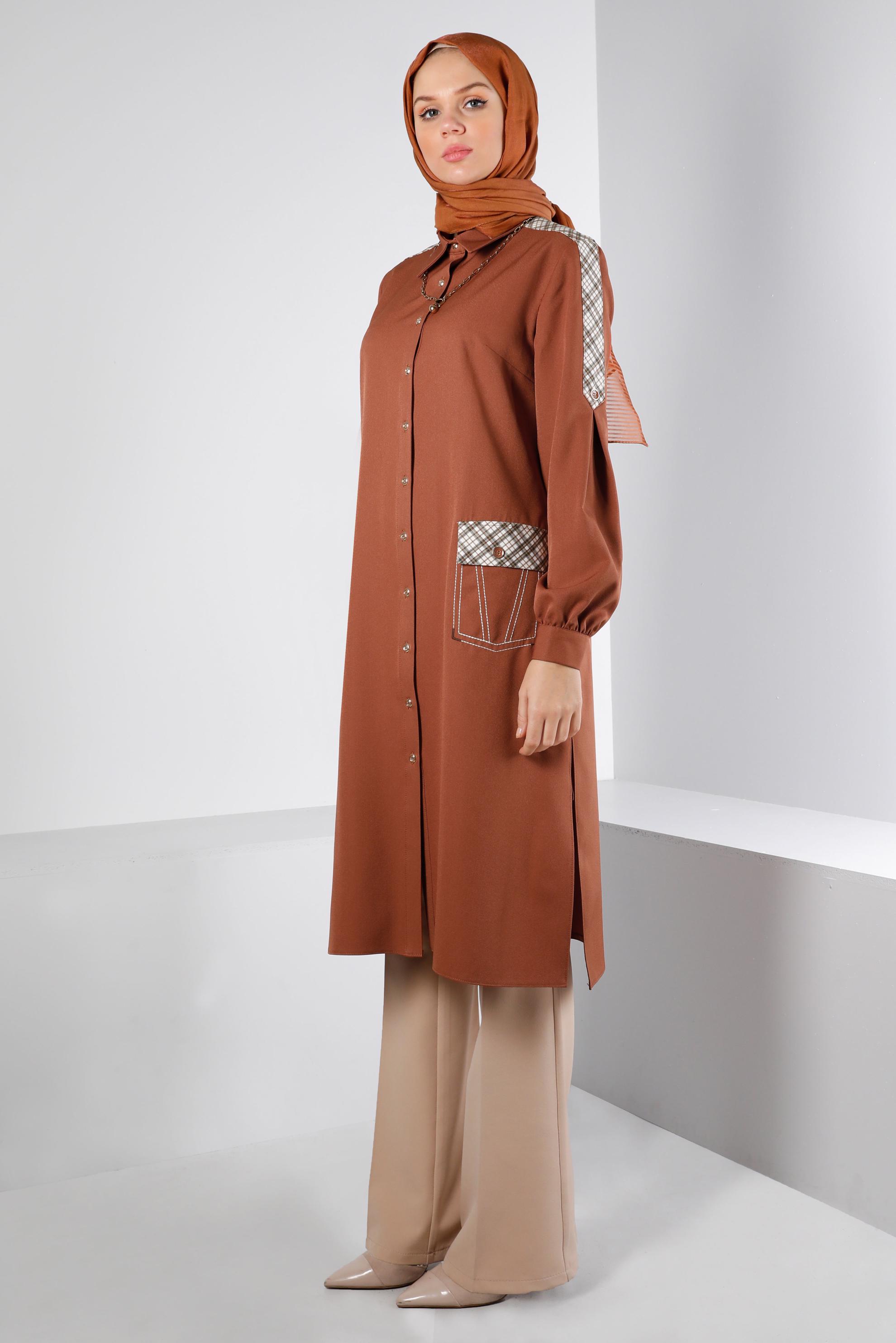 Tesettür giyim TABA EKOSE DETAYLI DÜĞMELİ TUNİK 43261