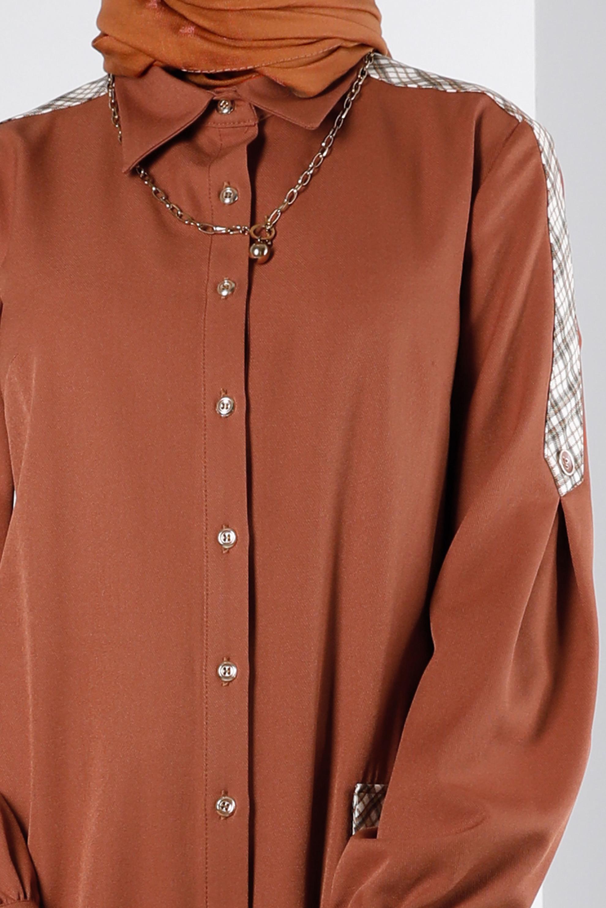 Tesettür giyim TABA EKOSE DETAYLI DÜĞMELİ TUNİK 43261