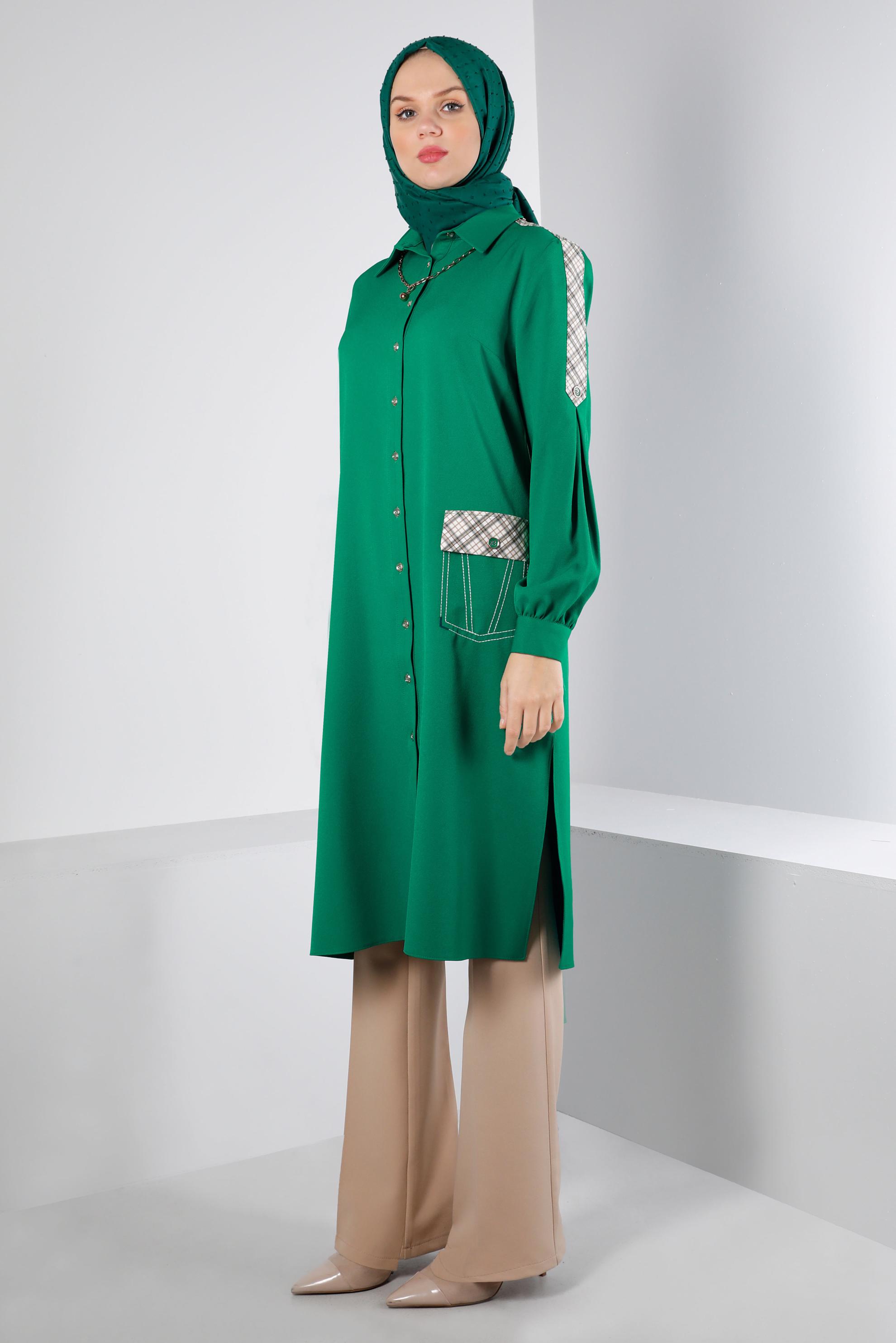 Hijab clothing GREEN PLAID DETAIL BUTTONED TUNIC 43261