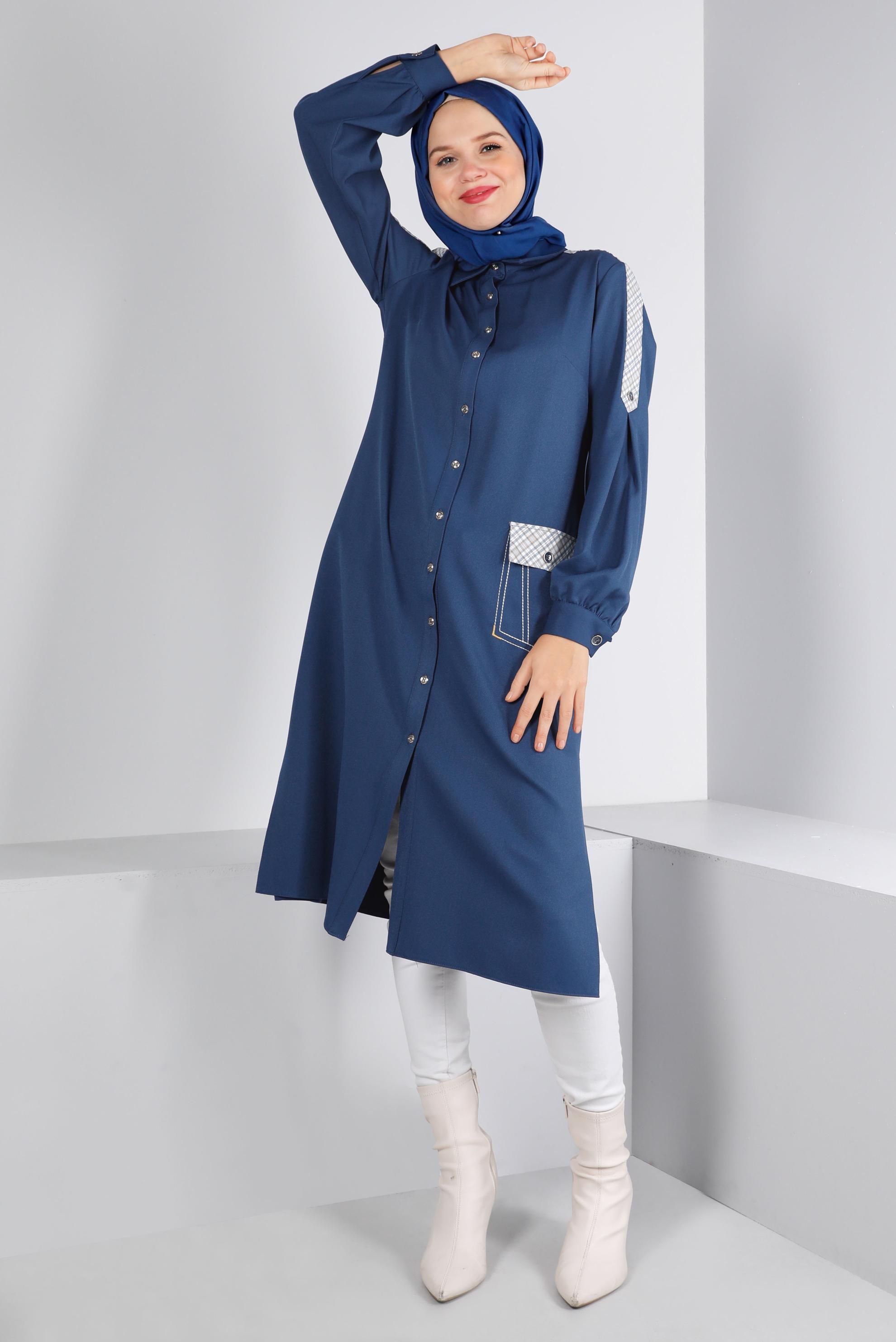 Tesettür giyim LACİVERT EKOSE DETAYLI DÜĞMELİ TUNİK 43261