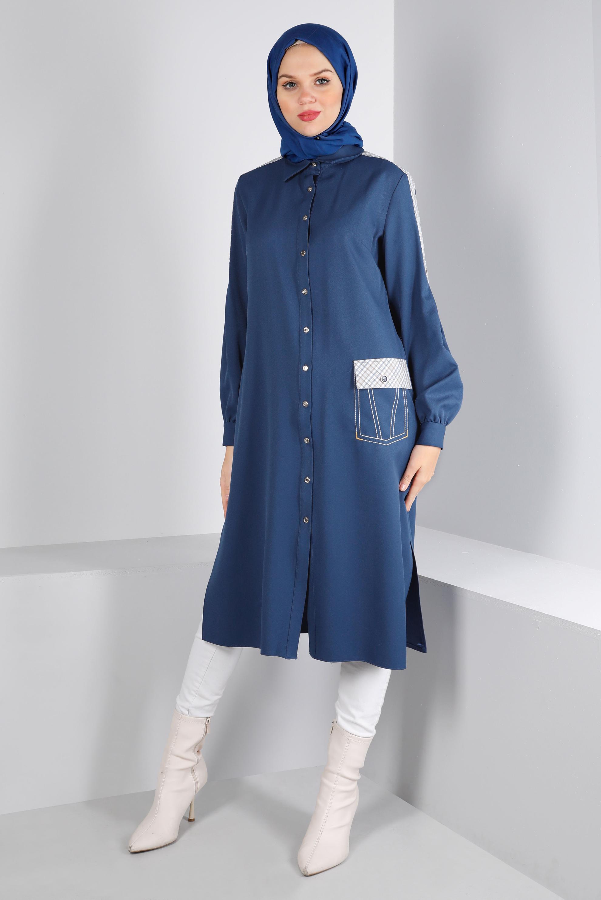 Tesettür giyim LACİVERT EKOSE DETAYLI DÜĞMELİ TUNİK 43261