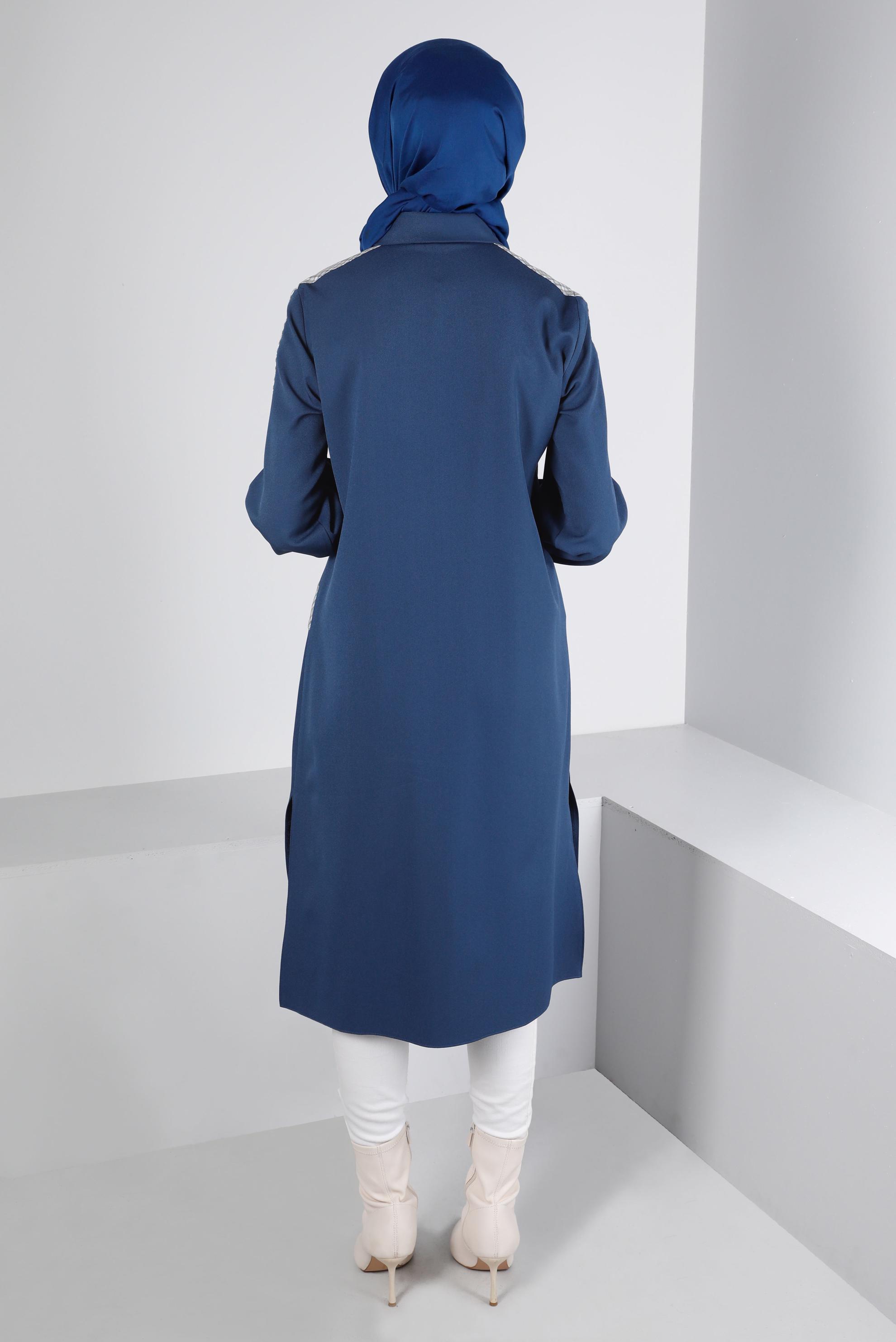 Tesettür giyim LACİVERT EKOSE DETAYLI DÜĞMELİ TUNİK 43261