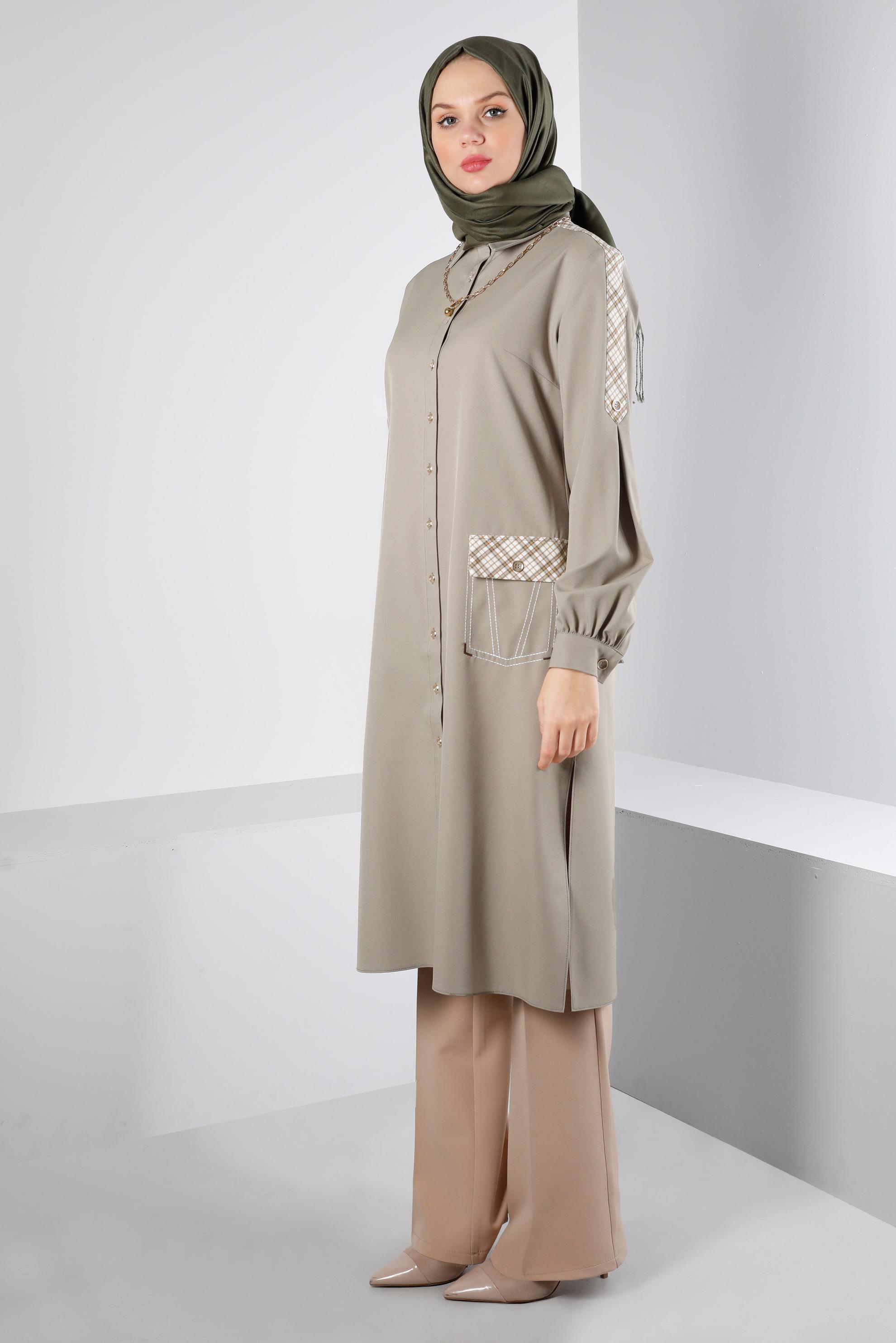 Tesettür giyim KUM EKOSE DETAYLI DÜĞMELİ TUNİK 43261