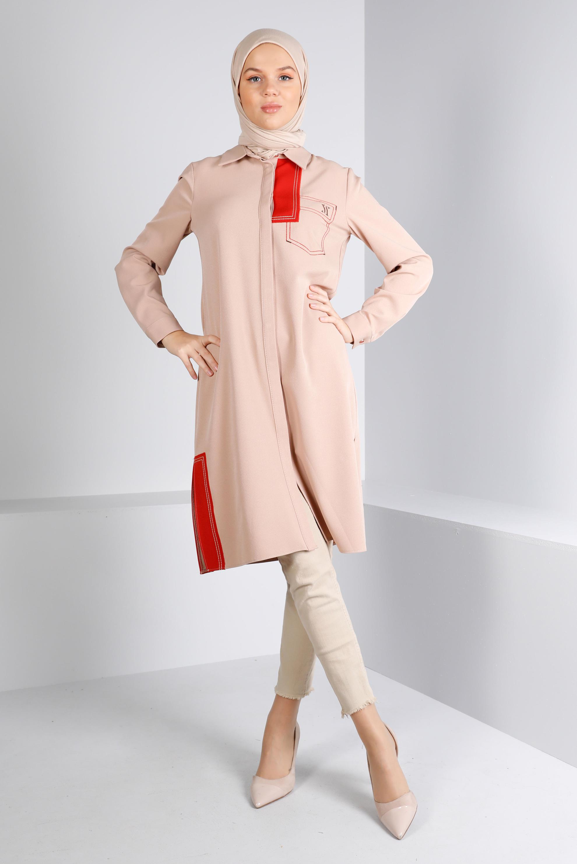 Tesettür giyim BEJ DÜĞME DETAYLI TUNİK 43262