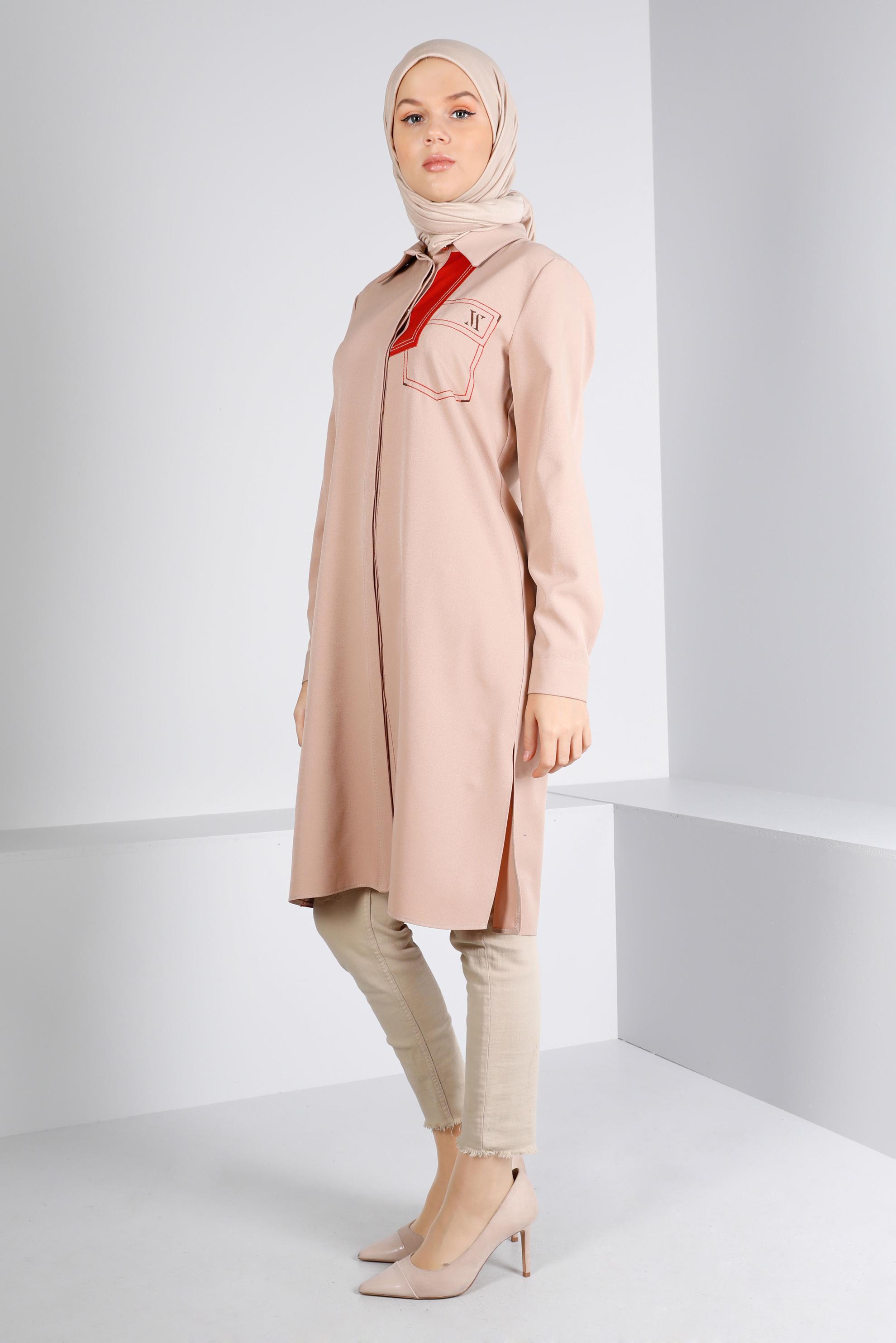 Tesettür giyim BEJ DÜĞME DETAYLI TUNİK 43262