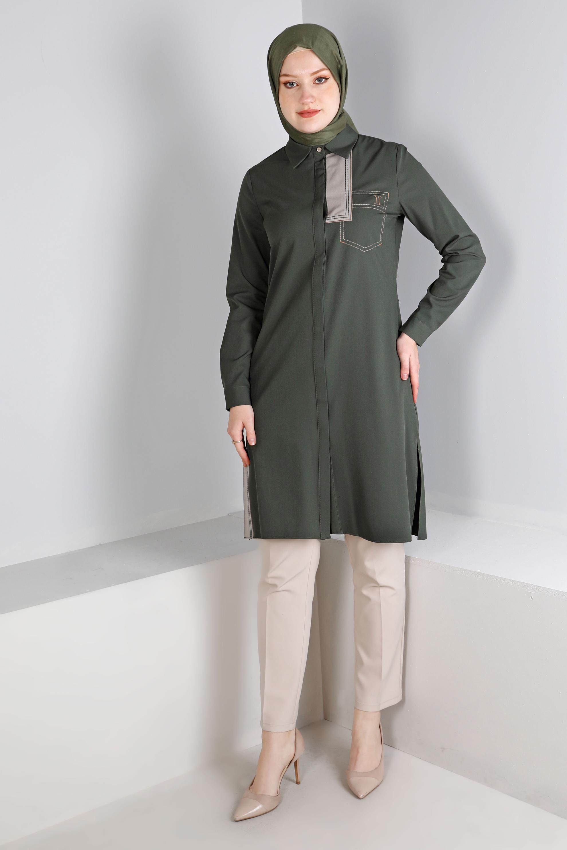 Tesettür giyim HAKİ DÜĞME DETAYLI TUNİK 43262