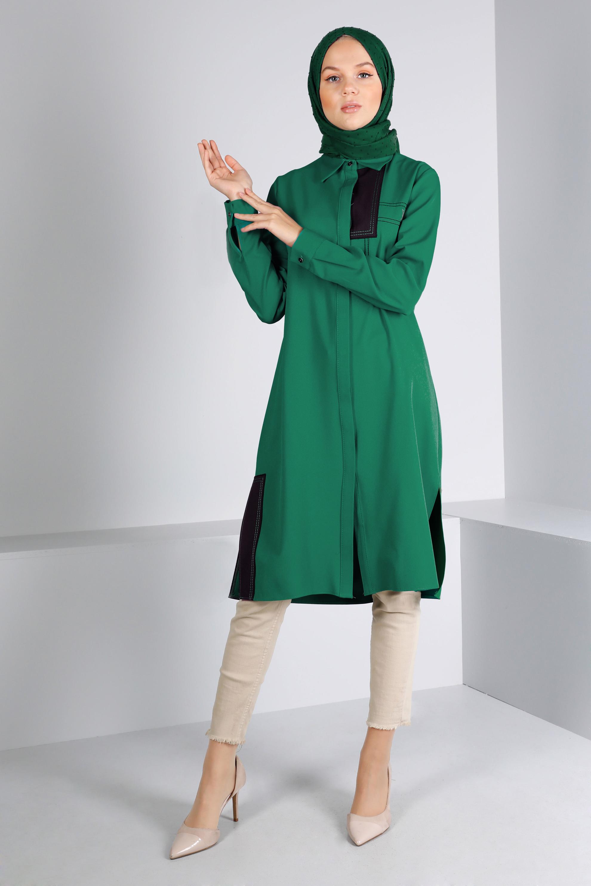 Tesettür giyim YEŞİL DÜĞME DETAYLI TUNİK 43262