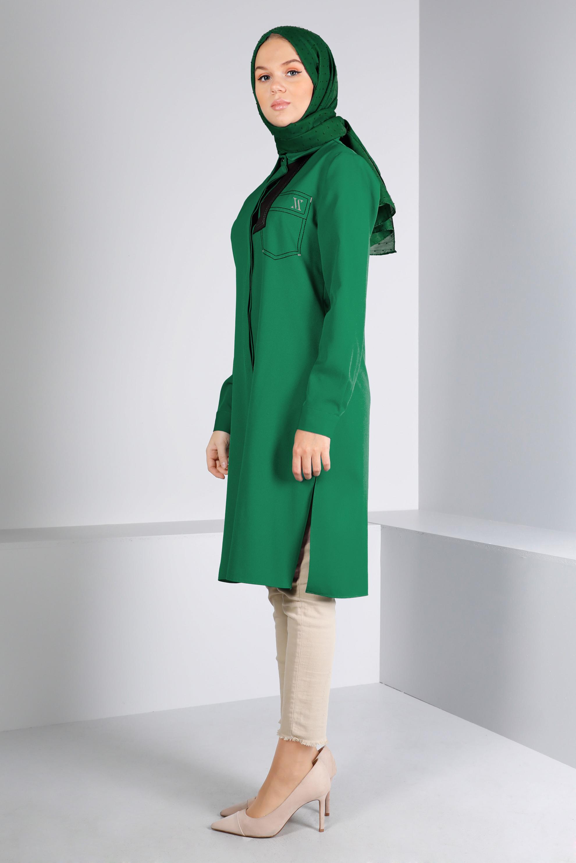 Tesettür giyim YEŞİL DÜĞME DETAYLI TUNİK 43262