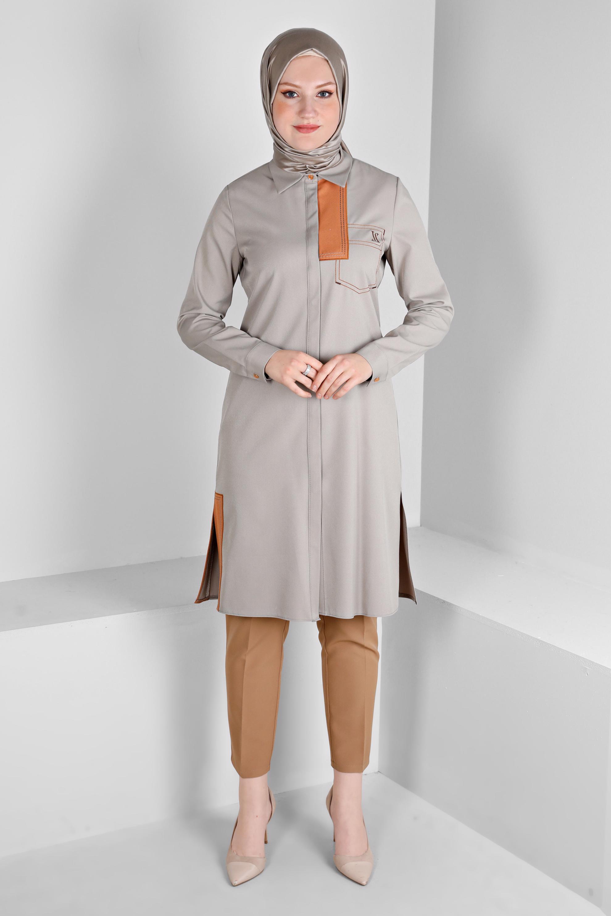 Tesettür giyim KUM DÜĞME DETAYLI TUNİK 43262