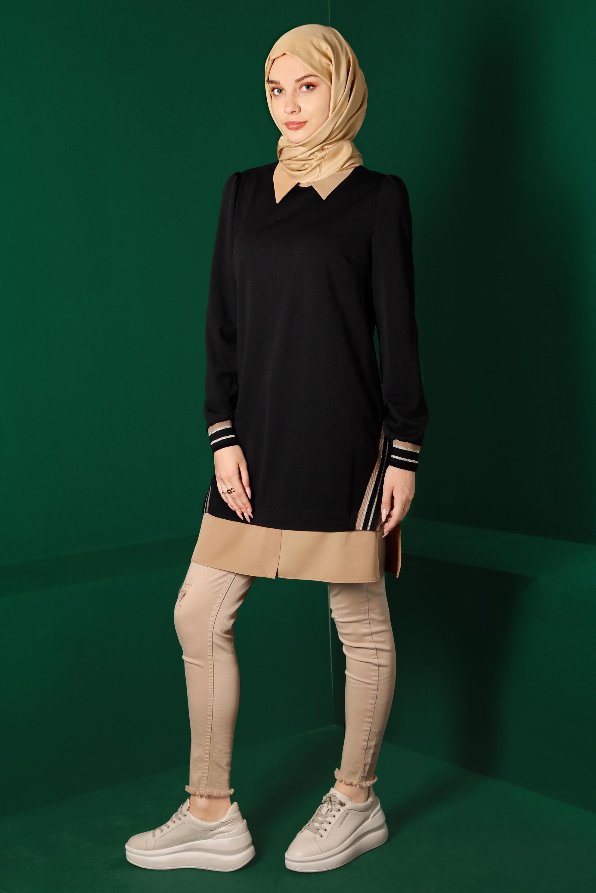 Tesettür giyim SİYAH GÖMLEK PARÇA DETAYLI RİBANALI TUNİK 43264 