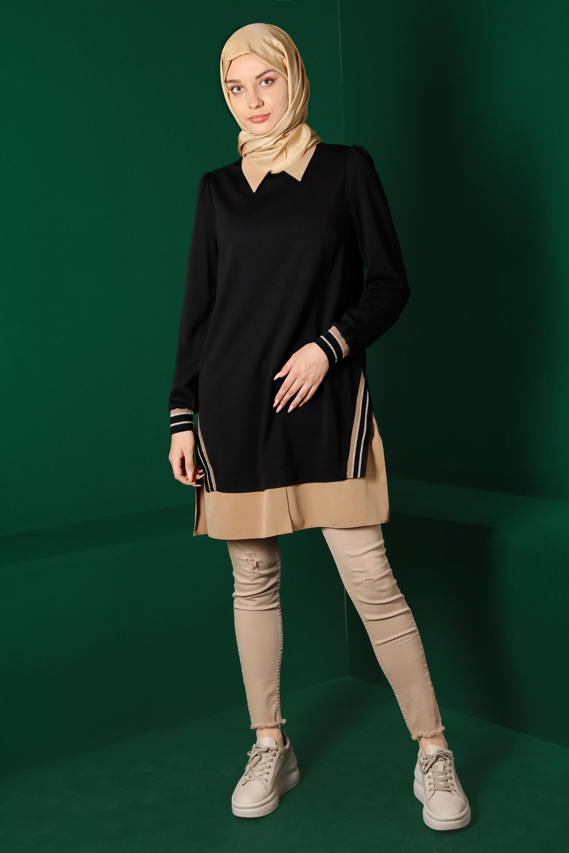 Tesettür giyim SİYAH GÖMLEK PARÇA DETAYLI RİBANALI TUNİK 43264 