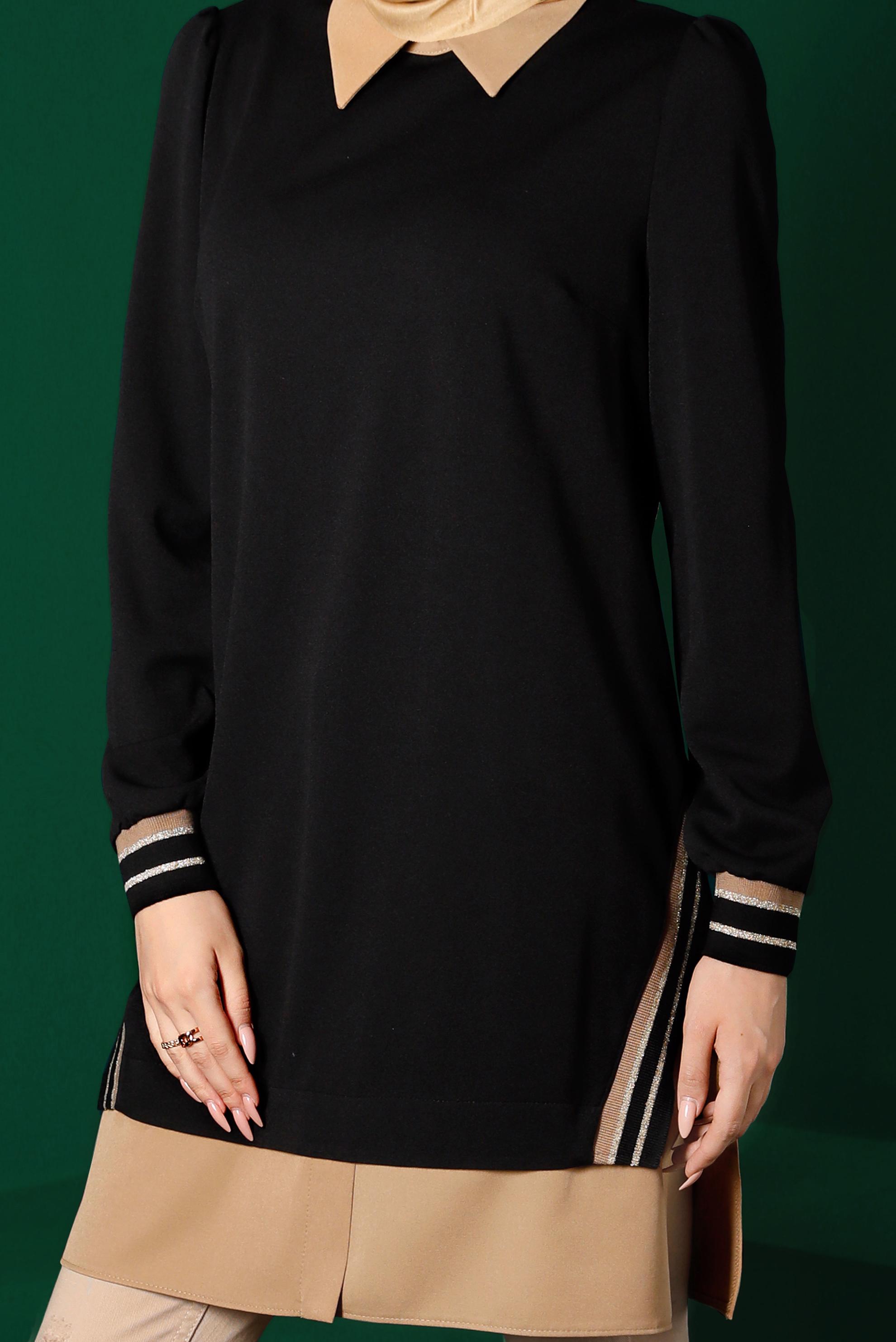 Tesettür giyim SİYAH GÖMLEK PARÇA DETAYLI RİBANALI TUNİK 43264 