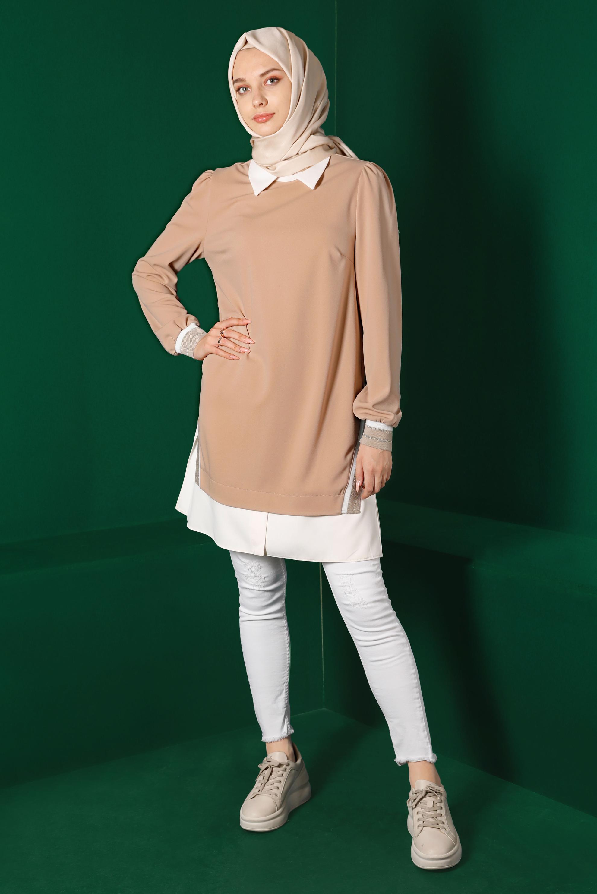 Tesettür giyim BEJ GÖMLEK PARÇA DETAYLI RİBANALI TUNİK 43264 