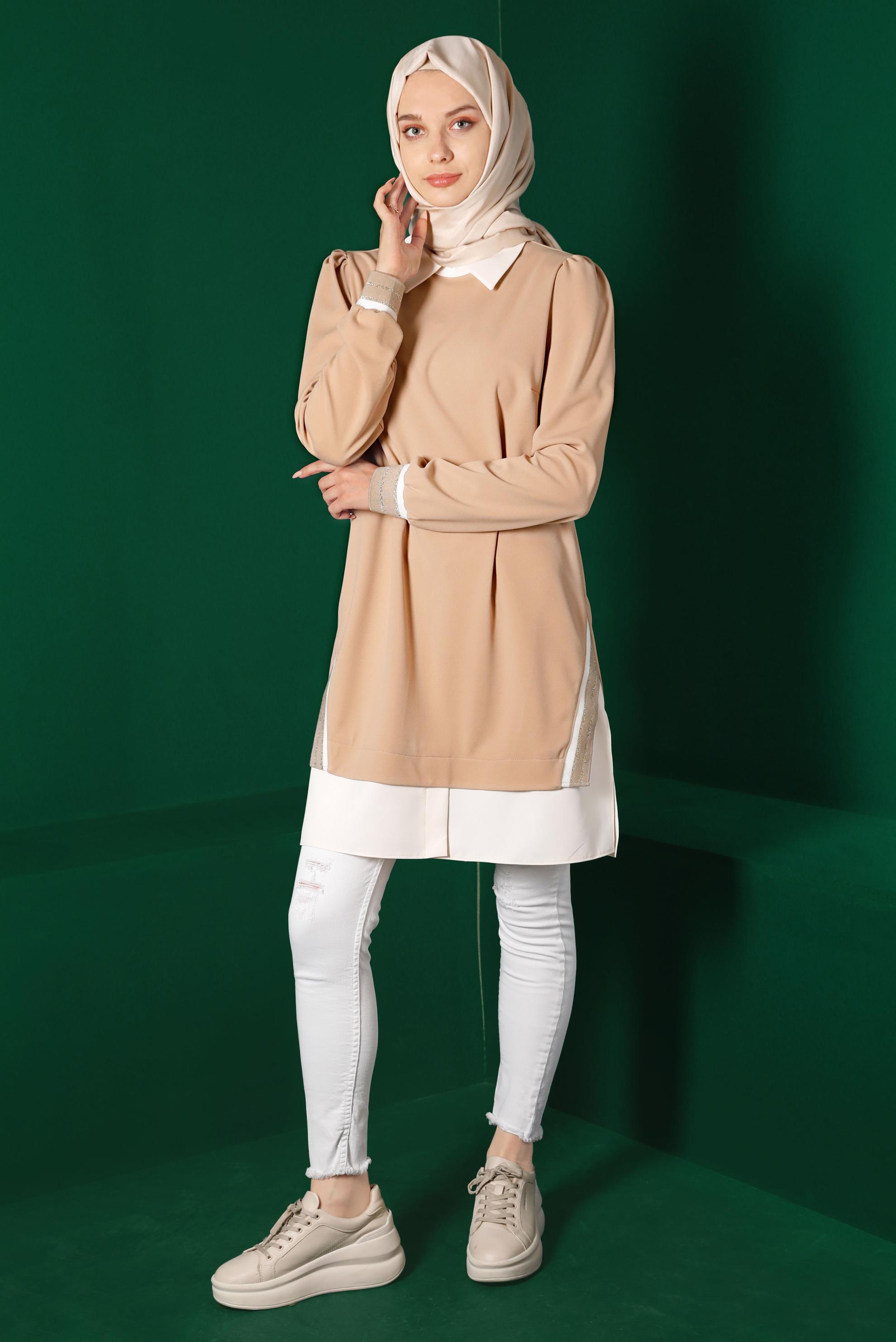 Tesettür giyim BEJ GÖMLEK PARÇA DETAYLI RİBANALI TUNİK 43264 