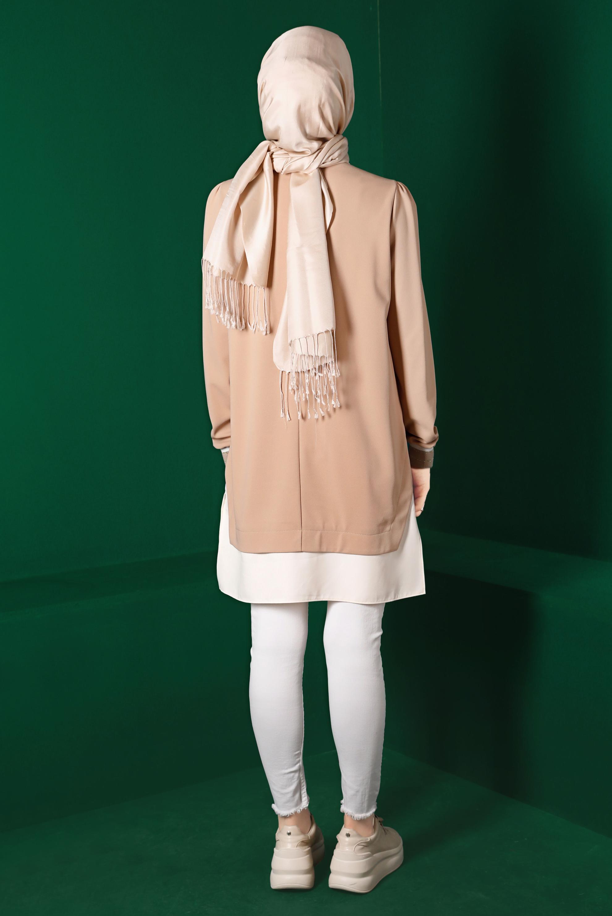 Tesettür giyim BEJ GÖMLEK PARÇA DETAYLI RİBANALI TUNİK 43264 