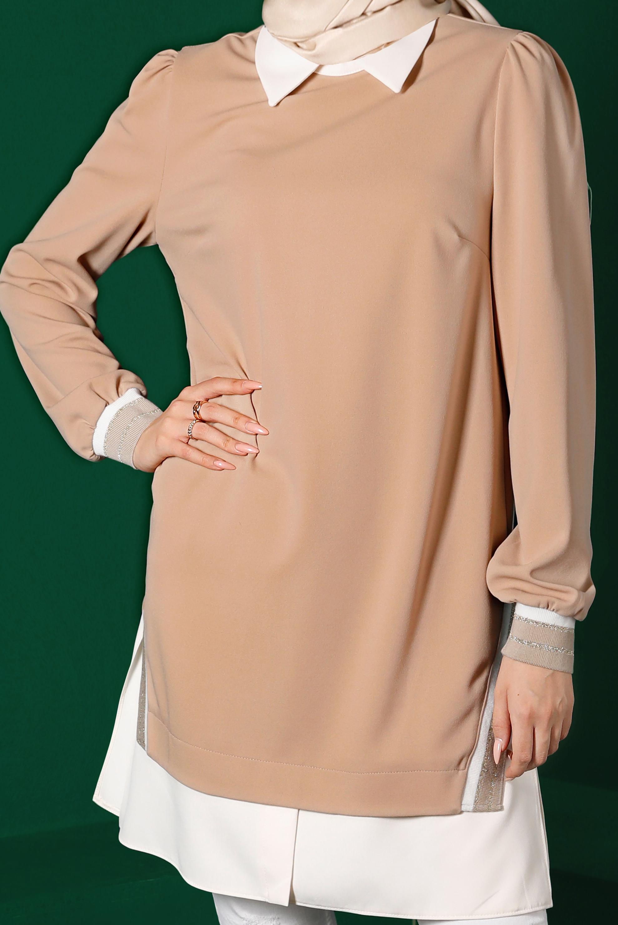 Tesettür giyim BEJ GÖMLEK PARÇA DETAYLI RİBANALI TUNİK 43264 