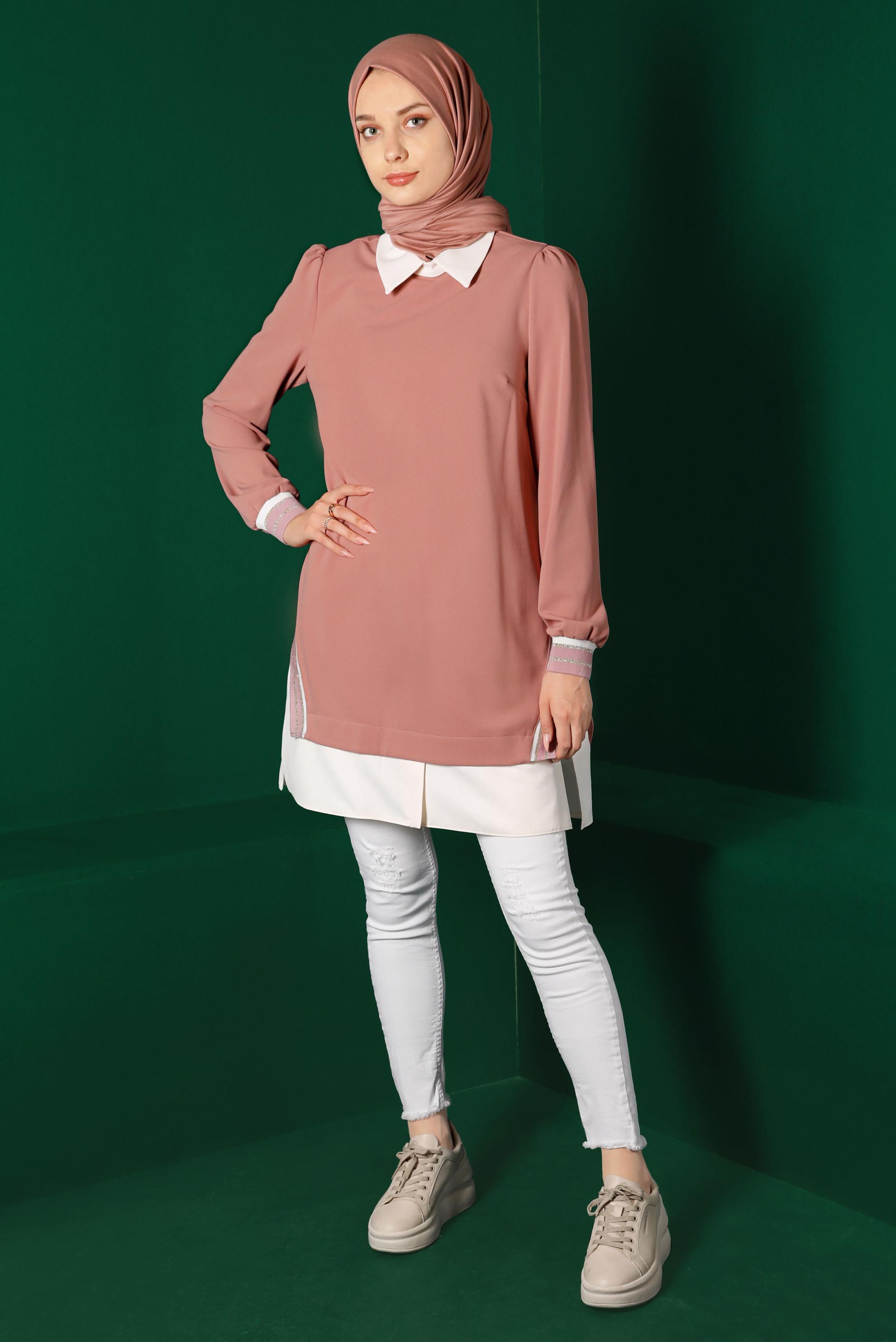 Tesettür giyim PUDRA GÖMLEK PARÇA DETAYLI RİBANALI TUNİK 43264 