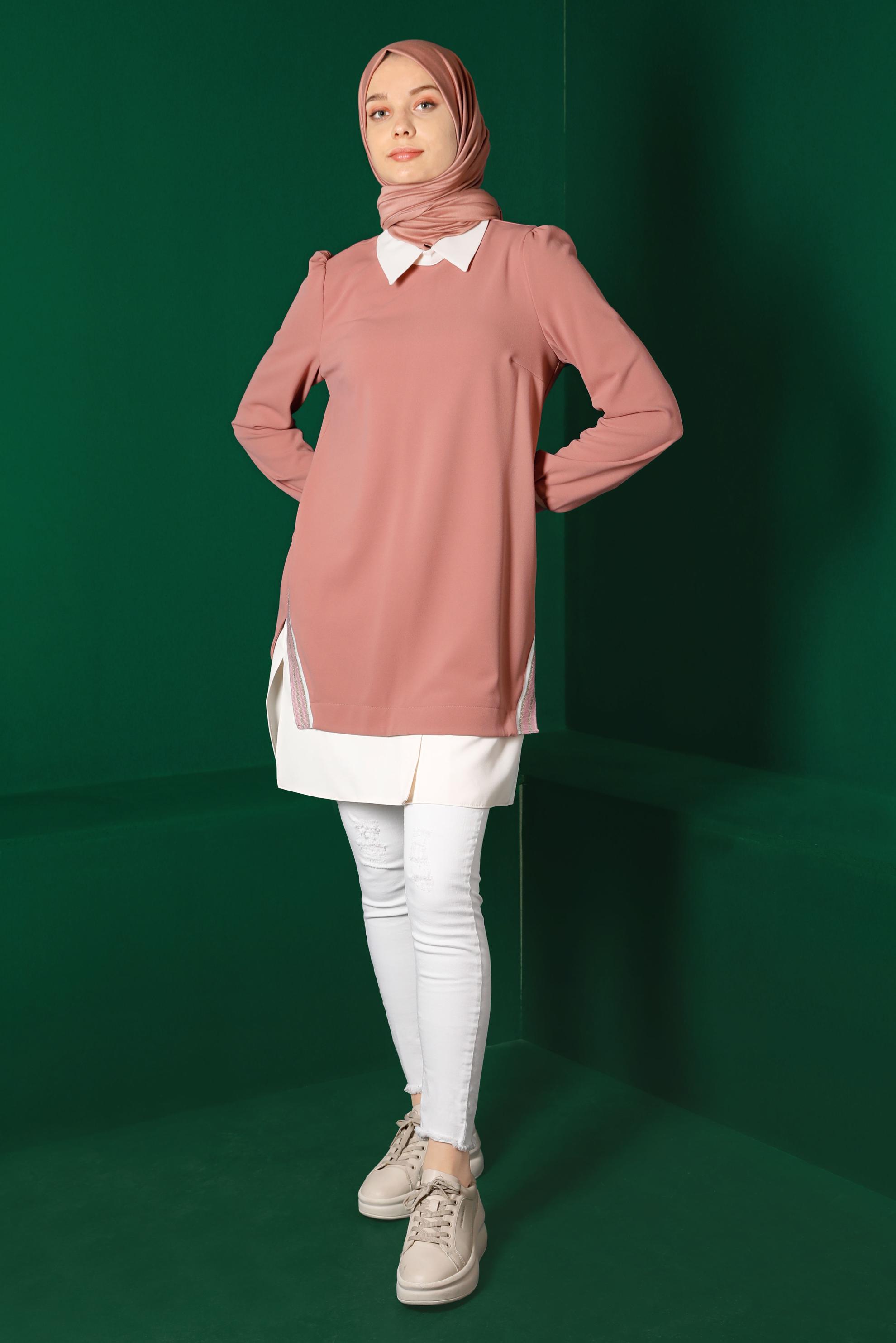 Tesettür giyim PUDRA GÖMLEK PARÇA DETAYLI RİBANALI TUNİK 43264 