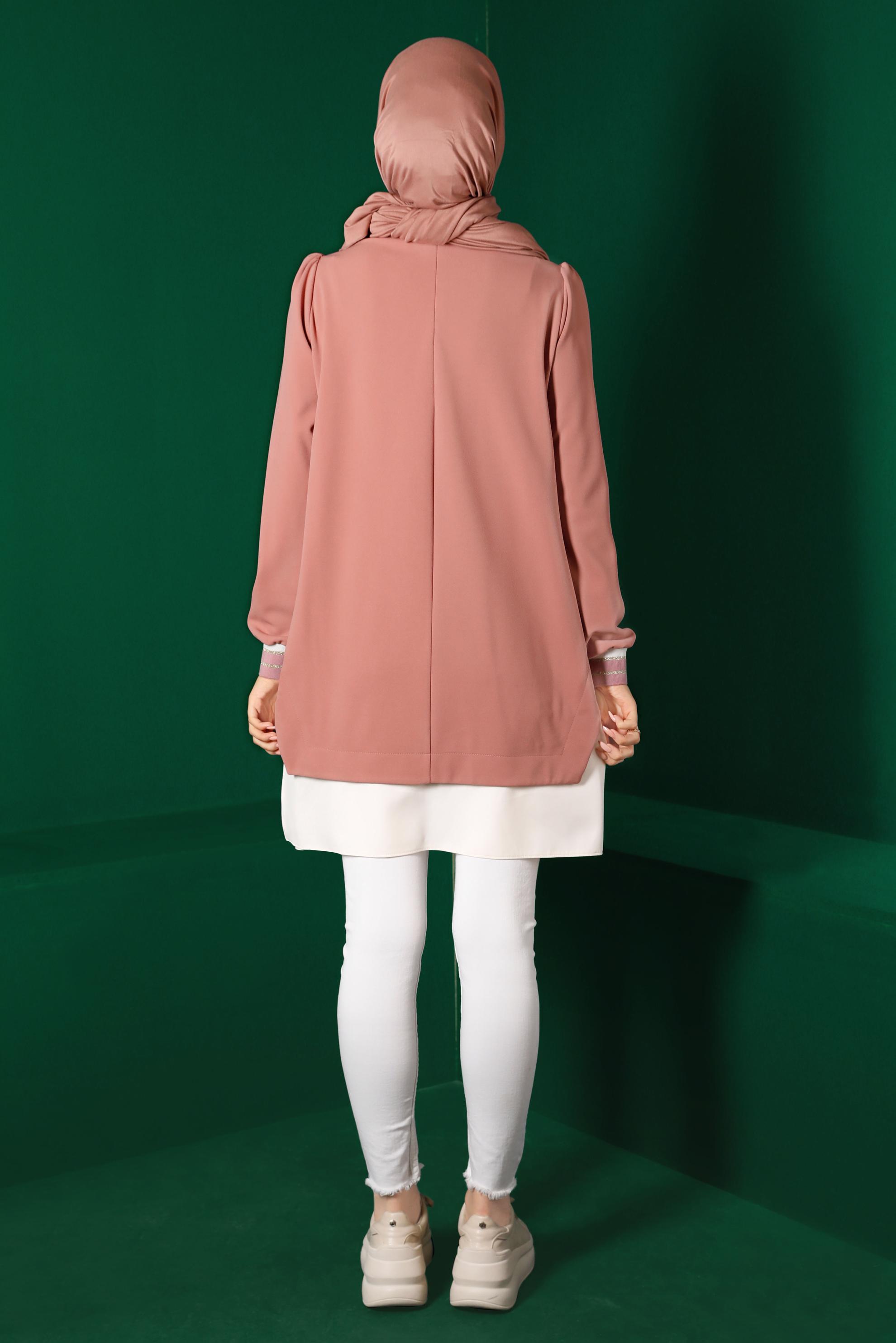 Tesettür giyim PUDRA GÖMLEK PARÇA DETAYLI RİBANALI TUNİK 43264 