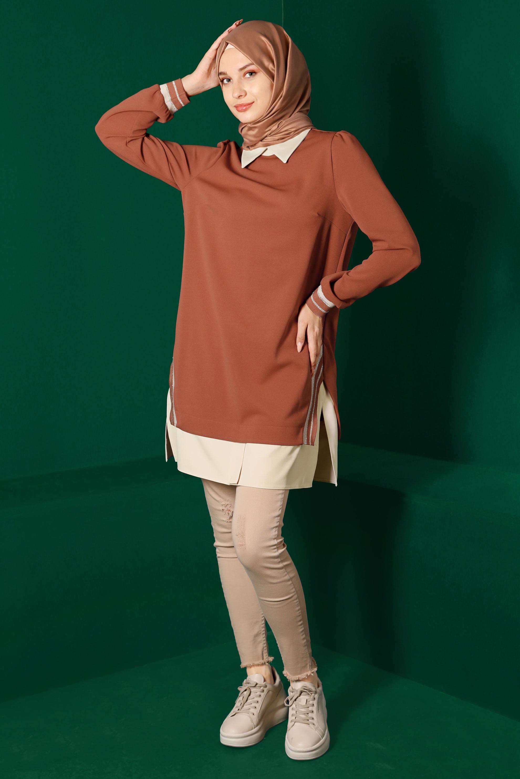 Tesettür giyim TABA GÖMLEK PARÇA DETAYLI RİBANALI TUNİK 43264 